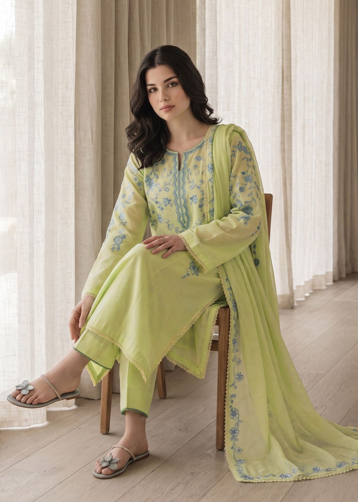 Pakistani Designer Tea Green Lawn Cotton Salwar Suit Online in KSA Riyadh Saudi Arabia Oman Bahrain Qatar