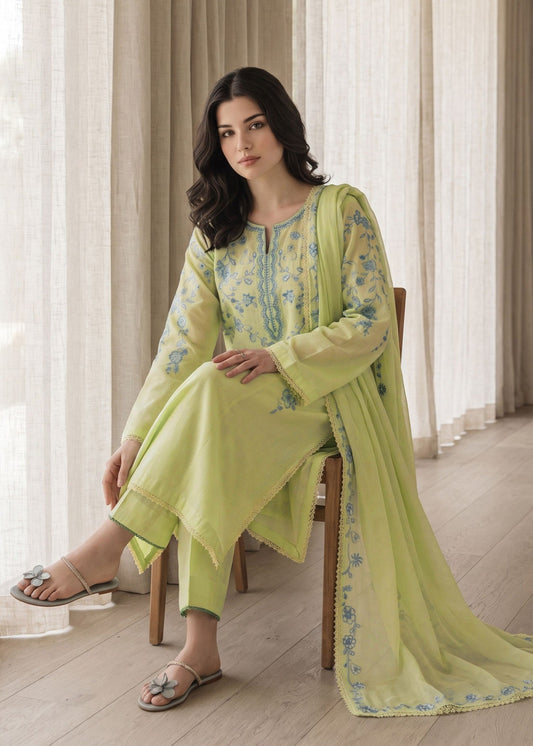 Pakistani Designer Tea Green Lawn Cotton Salwar Suit Online in KSA Riyadh Saudi Arabia Oman Bahrain Qatar