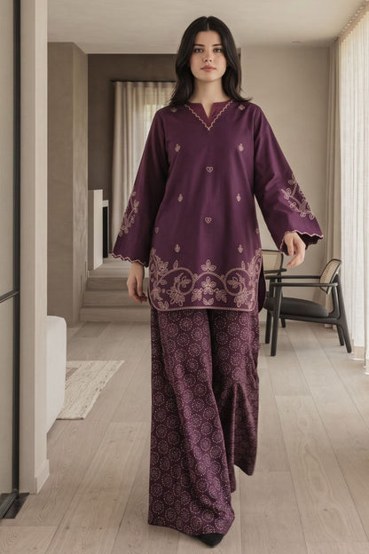 Plum Purple Embroidered Lawn Cotton Kurta Set Online in Dubai UAE Abudhabi Ajman Sharjah