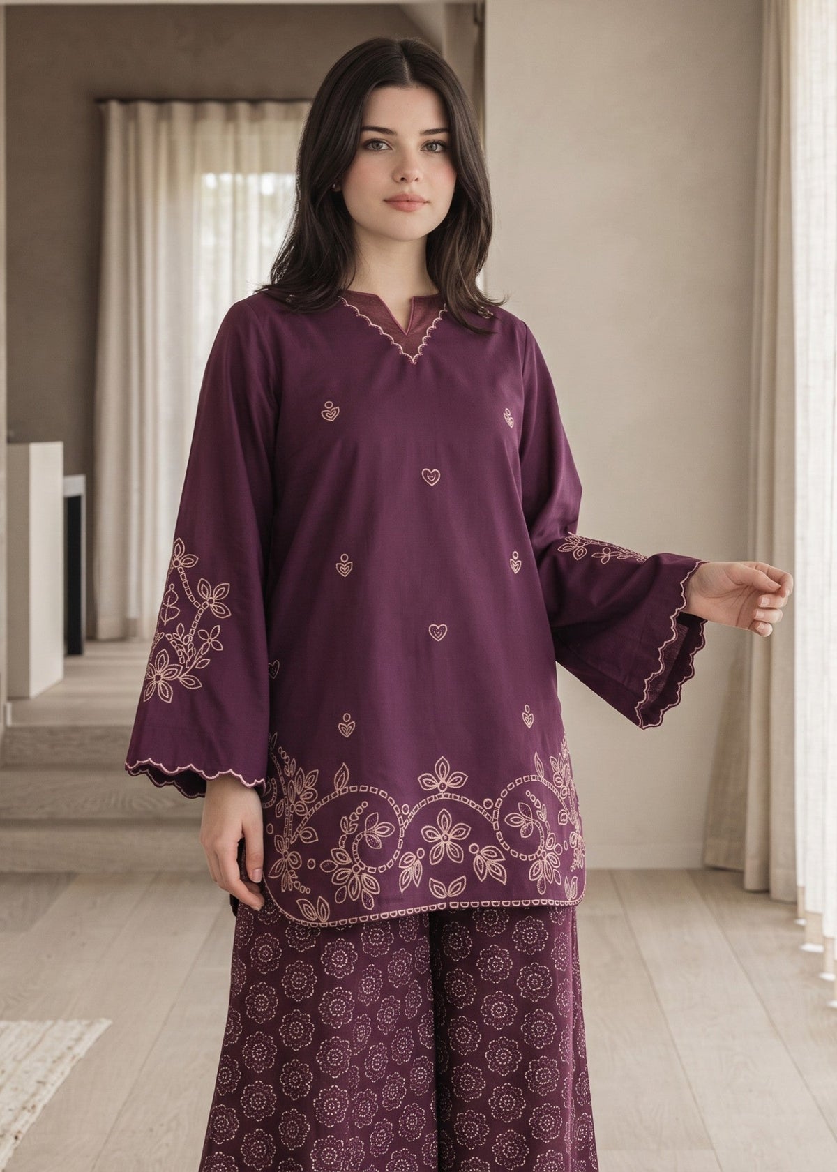 Plum Purple Lawn Cotton Plazzo Kurta Set for Women Online in UK USA Canada