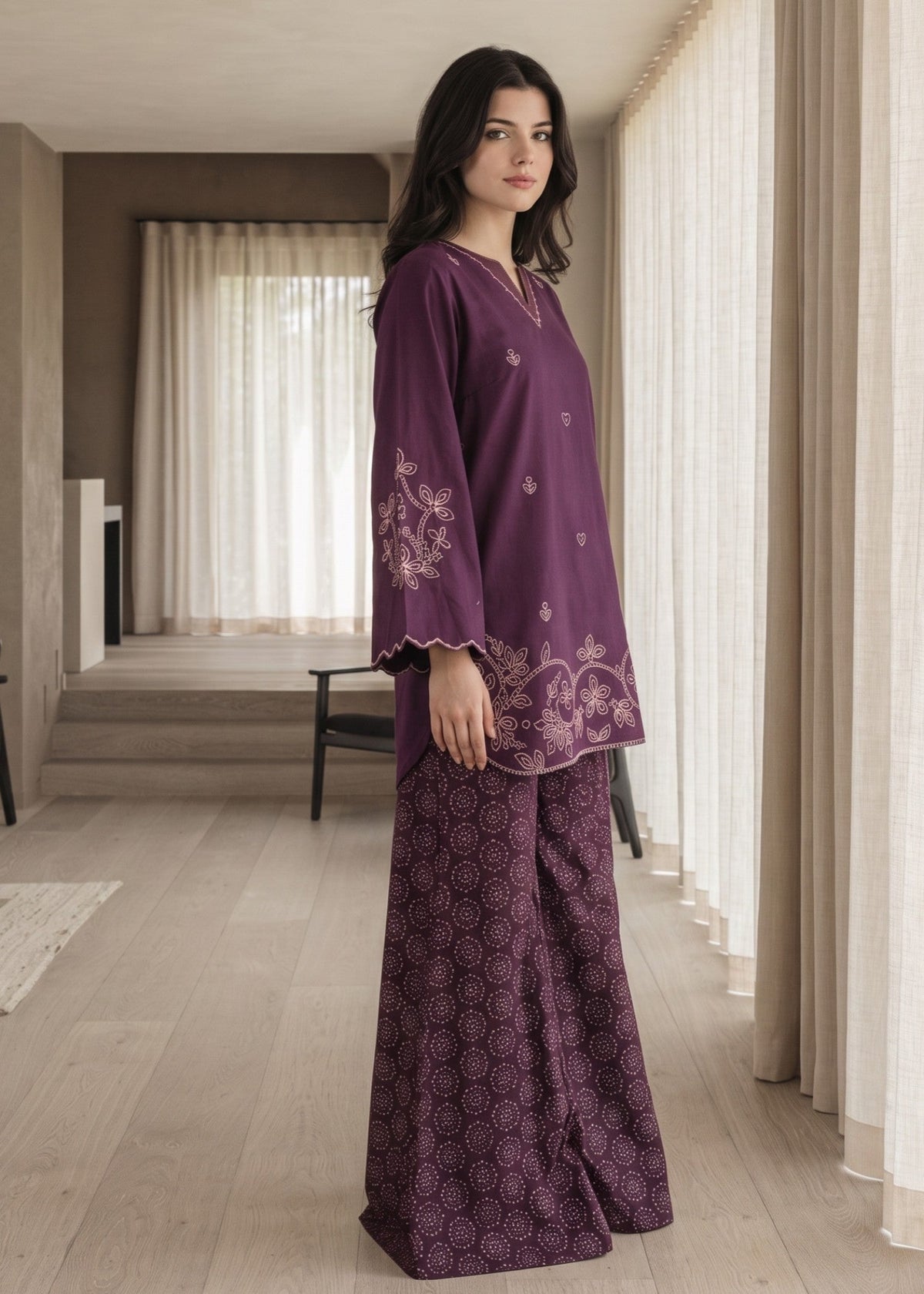 Plum Purple Short Kurta with Plazzo Pakistani Clothes Online in Sri Lanka India Australia