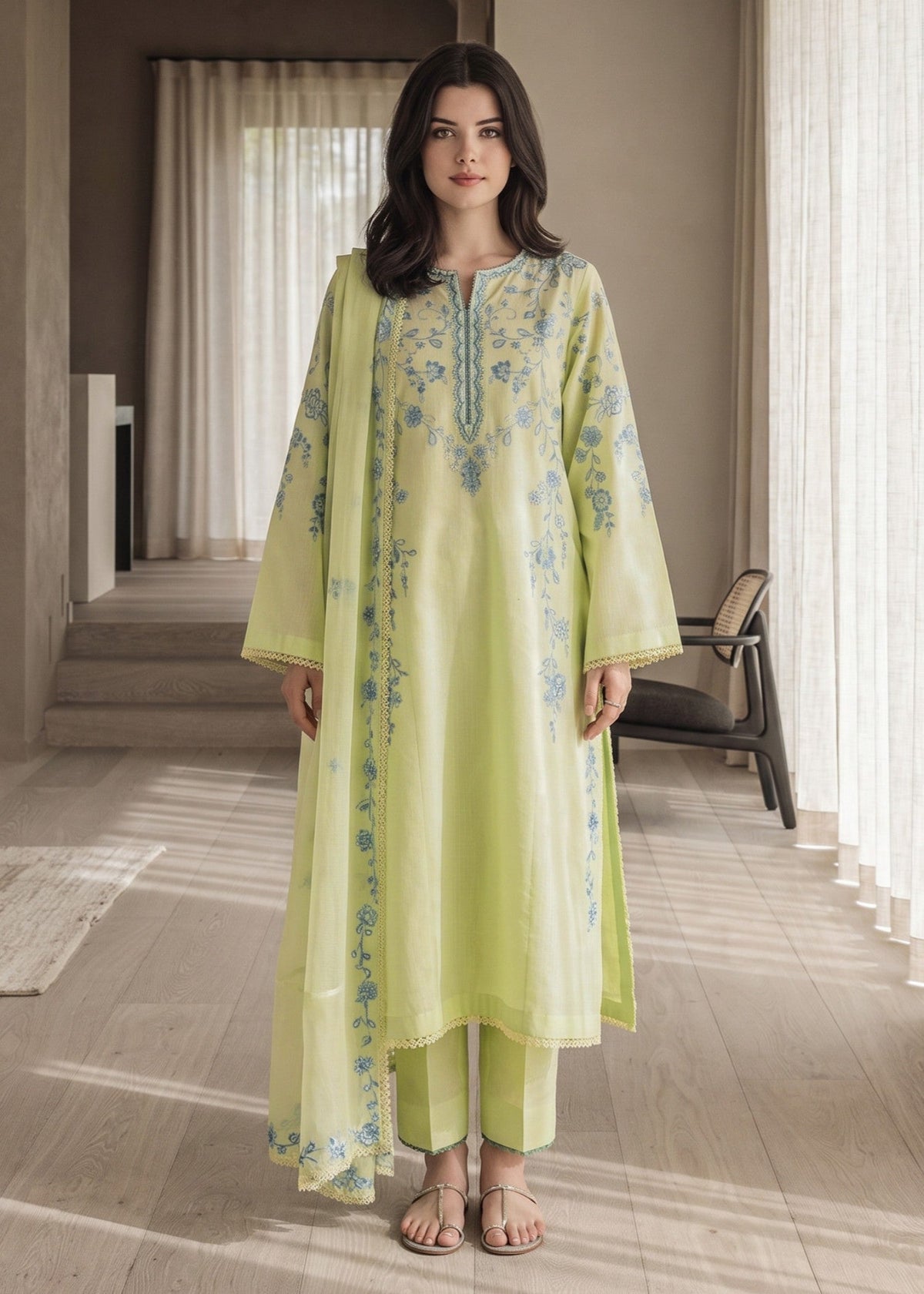 Tea Green Embroidered Lawn Cotton Kurta Set Online in Dubai DXB UAE Abudhabi Meena Bazaar