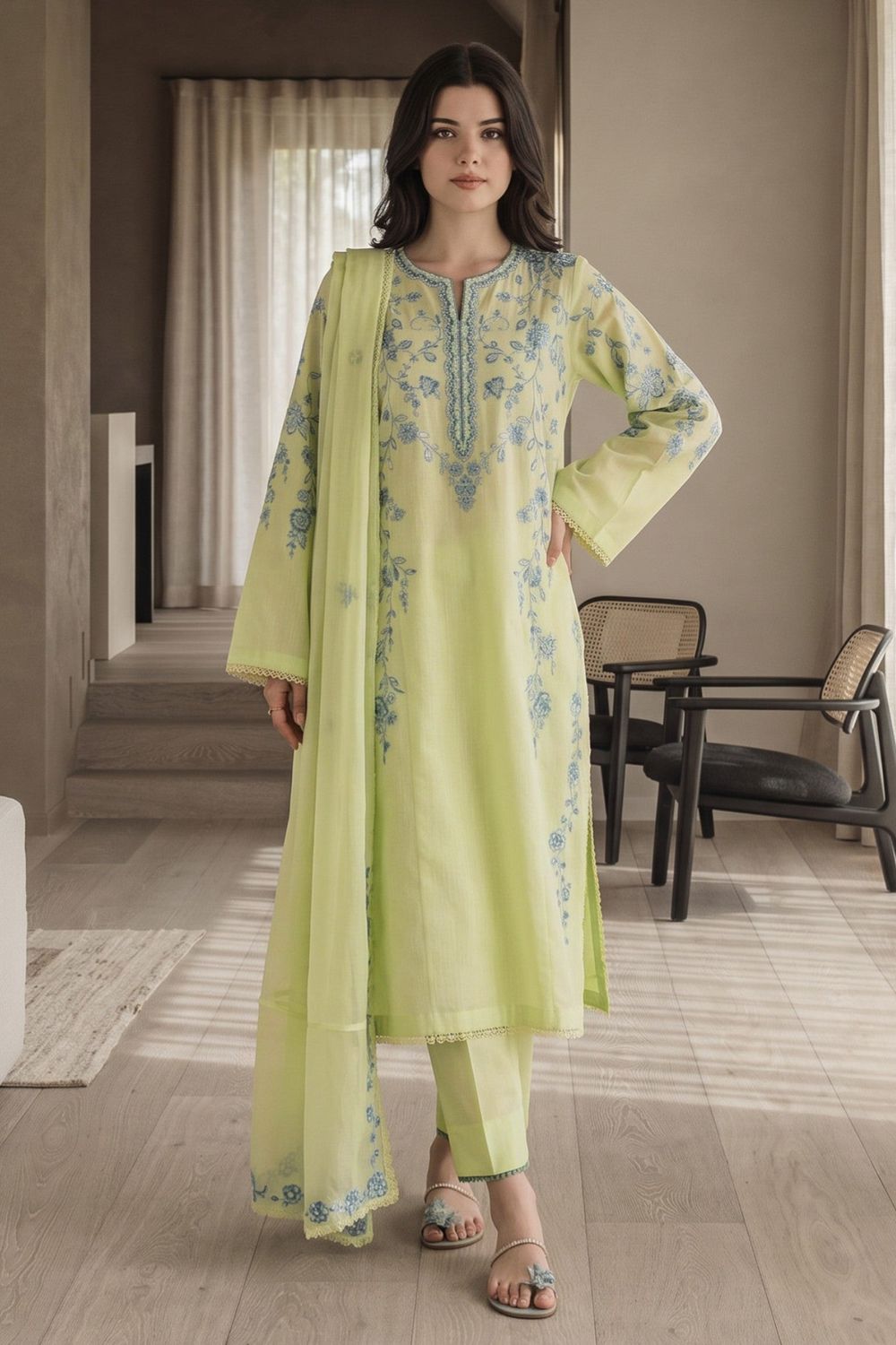 Tea Green Embroidered Lawn Cotton Long Kurta Set Online in Dubai UAE Abudhabi Ajman Sharjah
