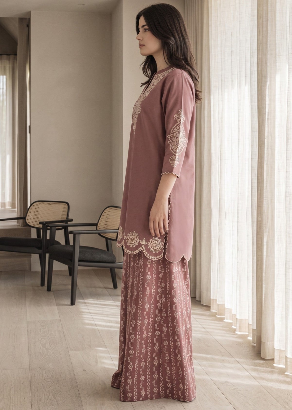 Tea Rose Pink Embroidered Lawn Cotton Daily Wear Kurta Set Online in UK USA Canada