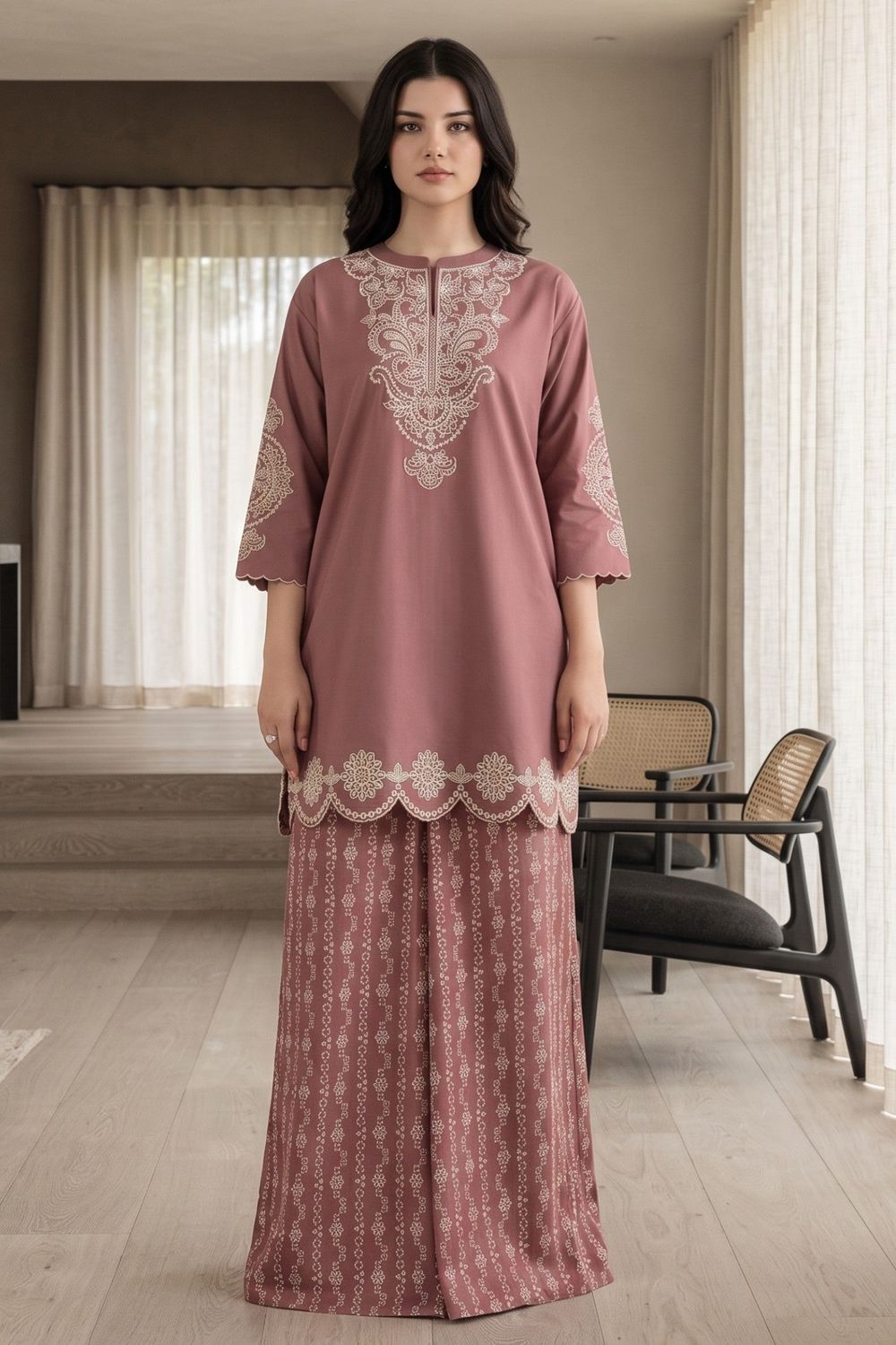 Tea Rose Pink Embroidered Lawn Cotton Kurta Set Online in Dubai UAE Abudhabi Ajman Sharjah