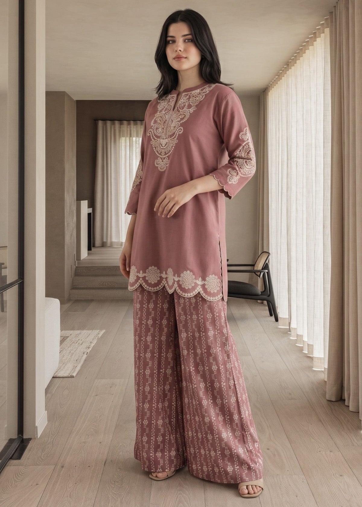 Tea Rose Pink Embroidered Summer Wear Kurta Set Online in Sri Lanka India Australia