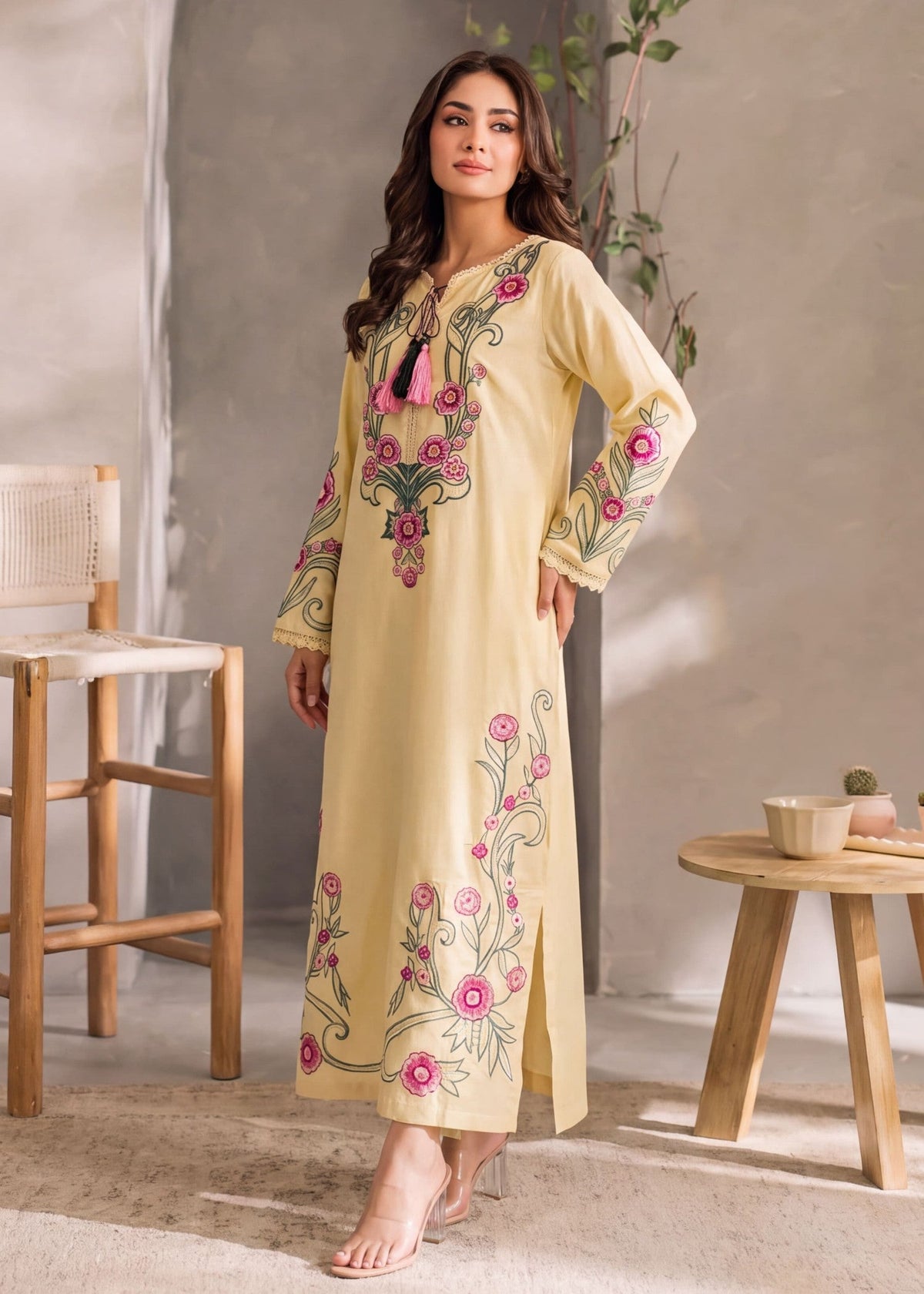 Cotton Light Yellow Embroidered Kaftan Online in Dubai UAE Abudhabi Ajman Sharjah