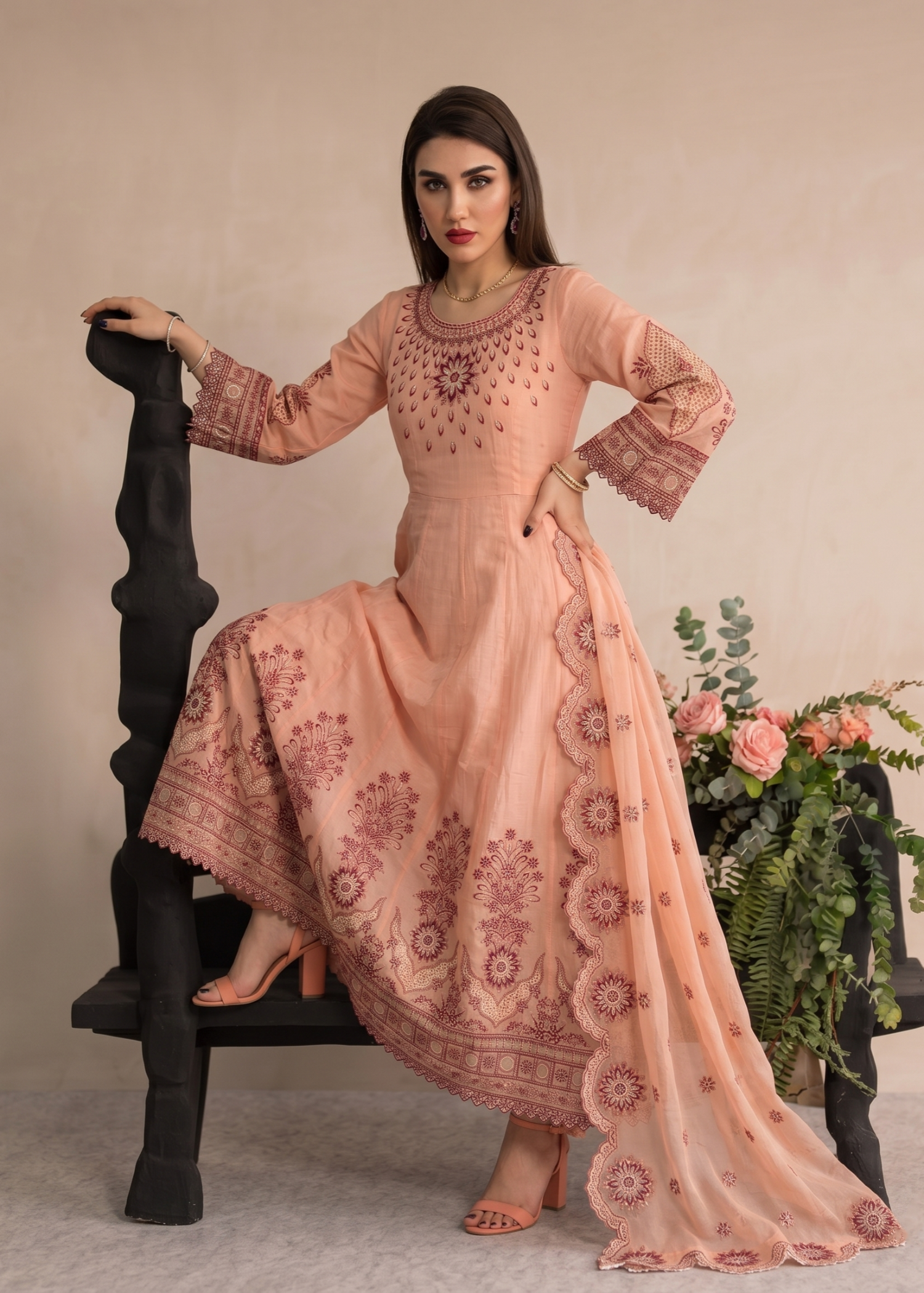 Cotton Peach Embroidered Maxi Suit Online in Sri Lanka India Australia