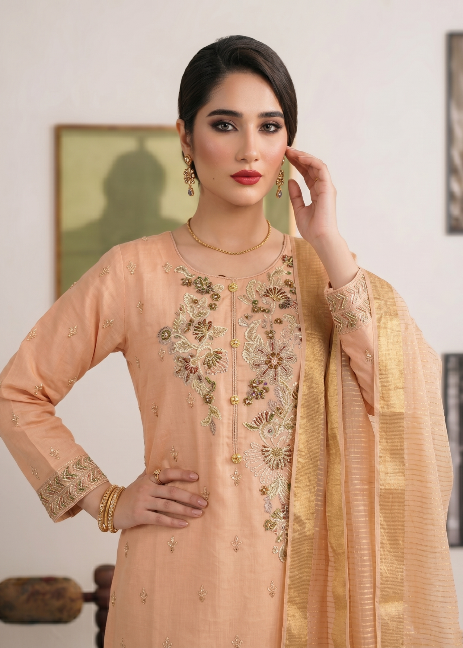 Cotton Peach Party Wear Salwar Kameez Online in Dubai UAE Abudhabi Ajman Sharjah