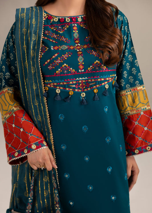 Cotton Salwar Suit with Hand Painted Sleeves Online in KSA Riyadh Saudi Arabia Oman Bahrain Qatar