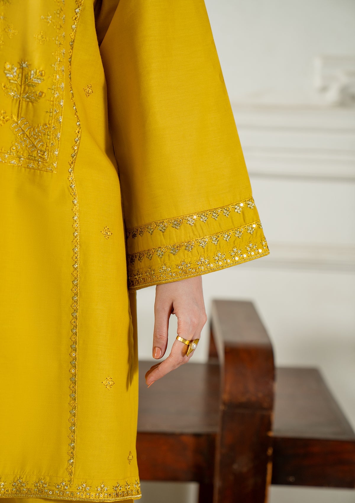 Cotton Yellow Embroidered Kurta Set Online in Dubai UAE Abudhabi Ajman Sharjah
