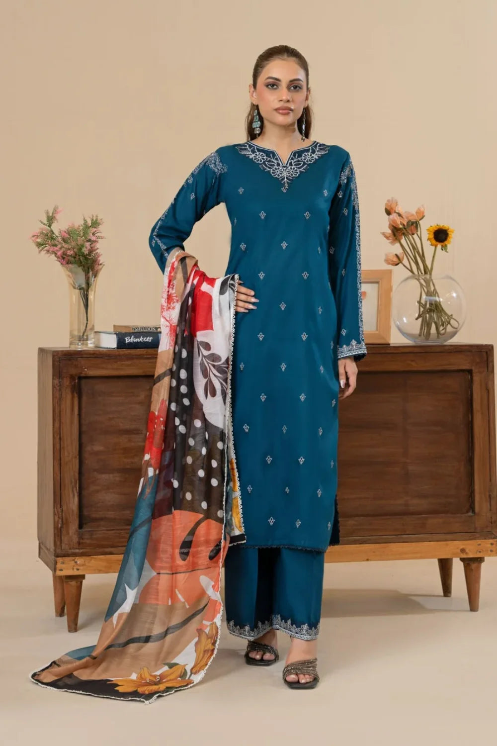 Teal Embroidered Cotton Kurta Set with Dupatta