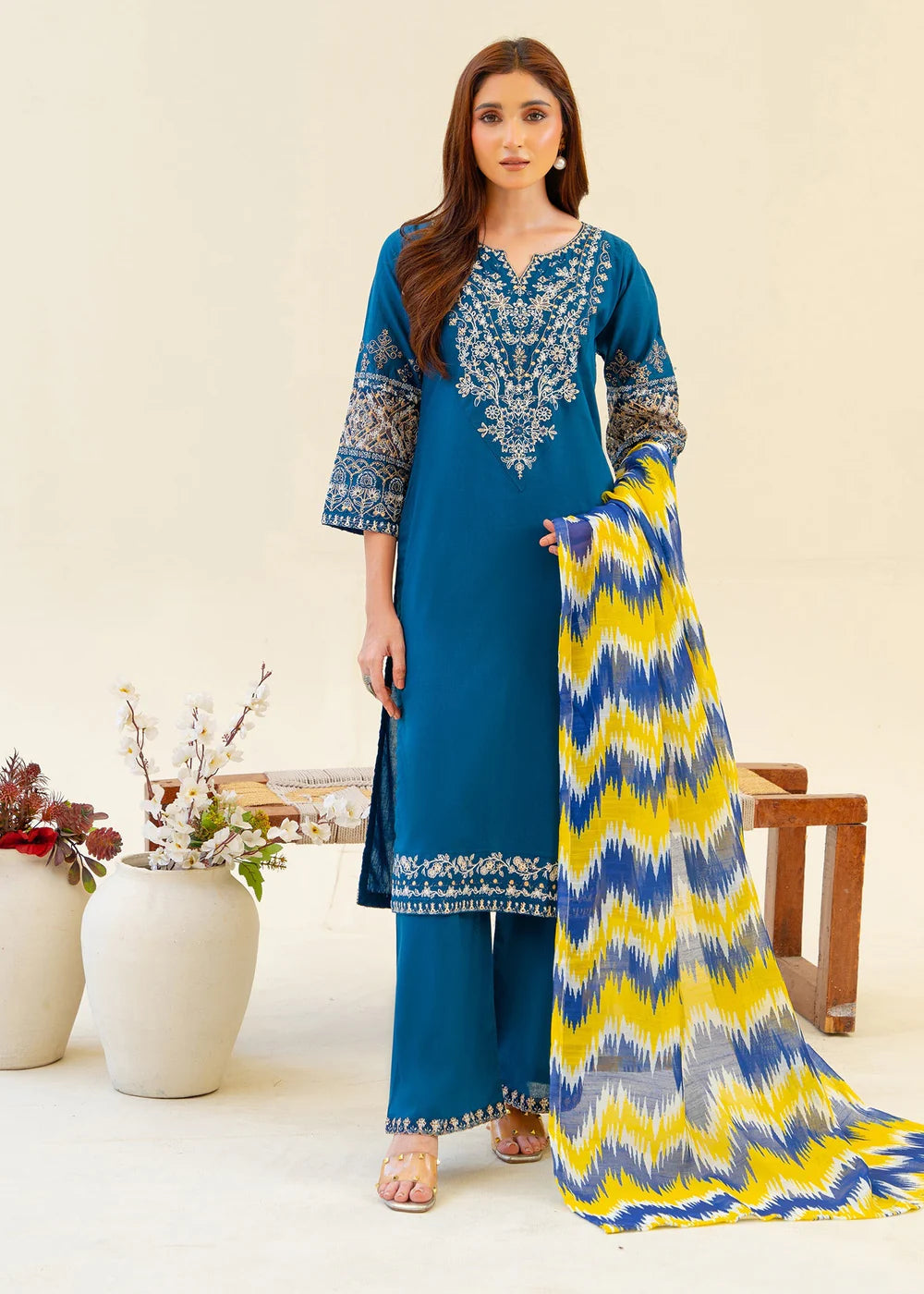 Teal Embroidered Camric Cotton Kurta Set with Dupatta