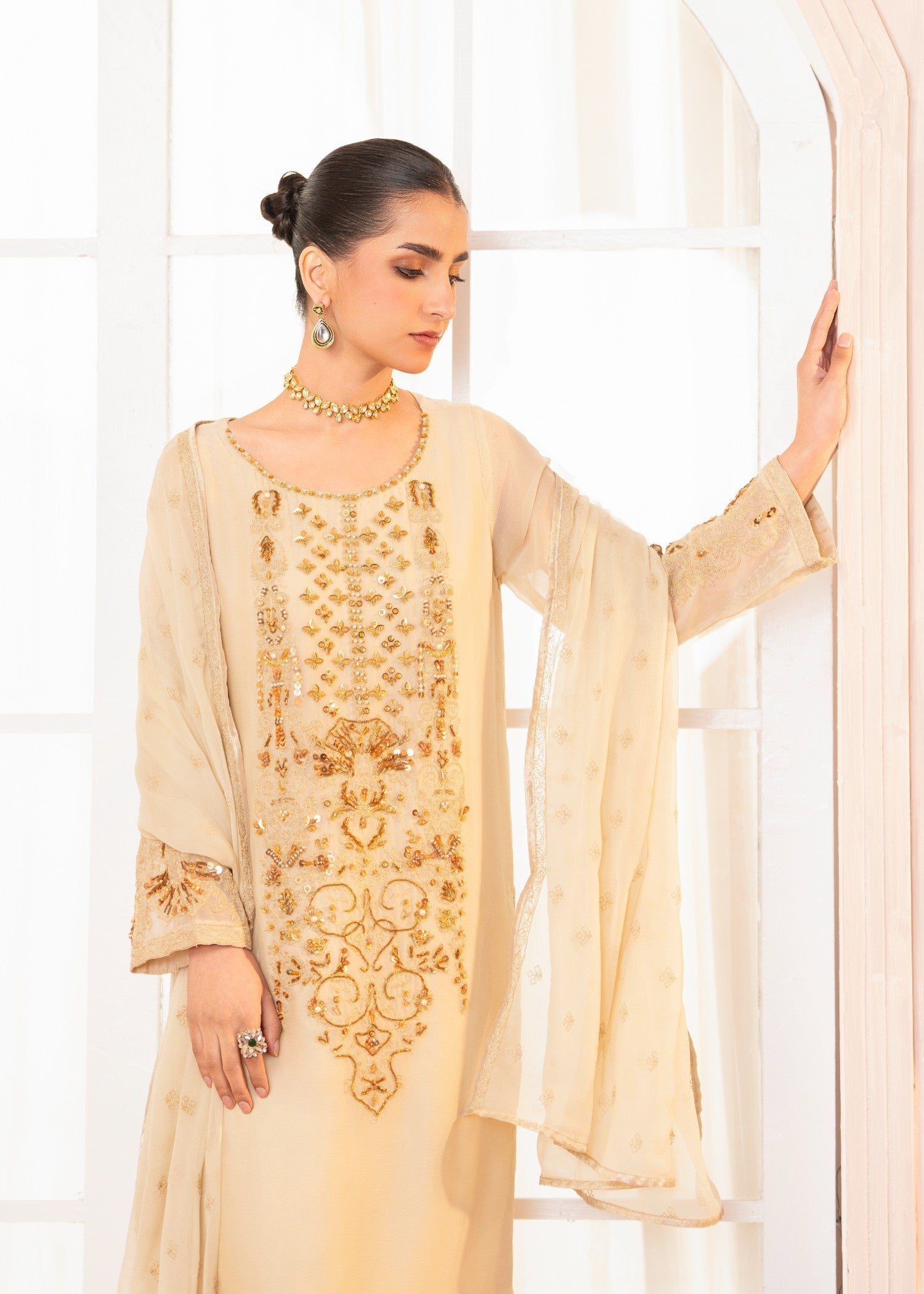 Cream Adda Work Chiffon Dupatta Set Online in Sri Lanka India Australia