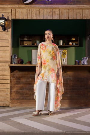 Cream Chiffon Cape Kaftan Set Online in Dubai UAE Abudhabi Ajman Sharjah
