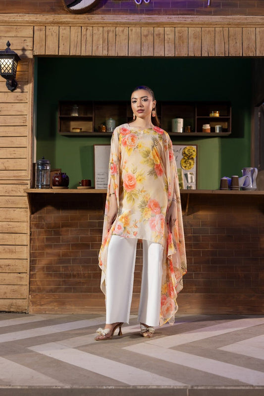 Cream Chiffon Cape Kaftan Set Online in Dubai UAE Abudhabi Ajman Sharjah