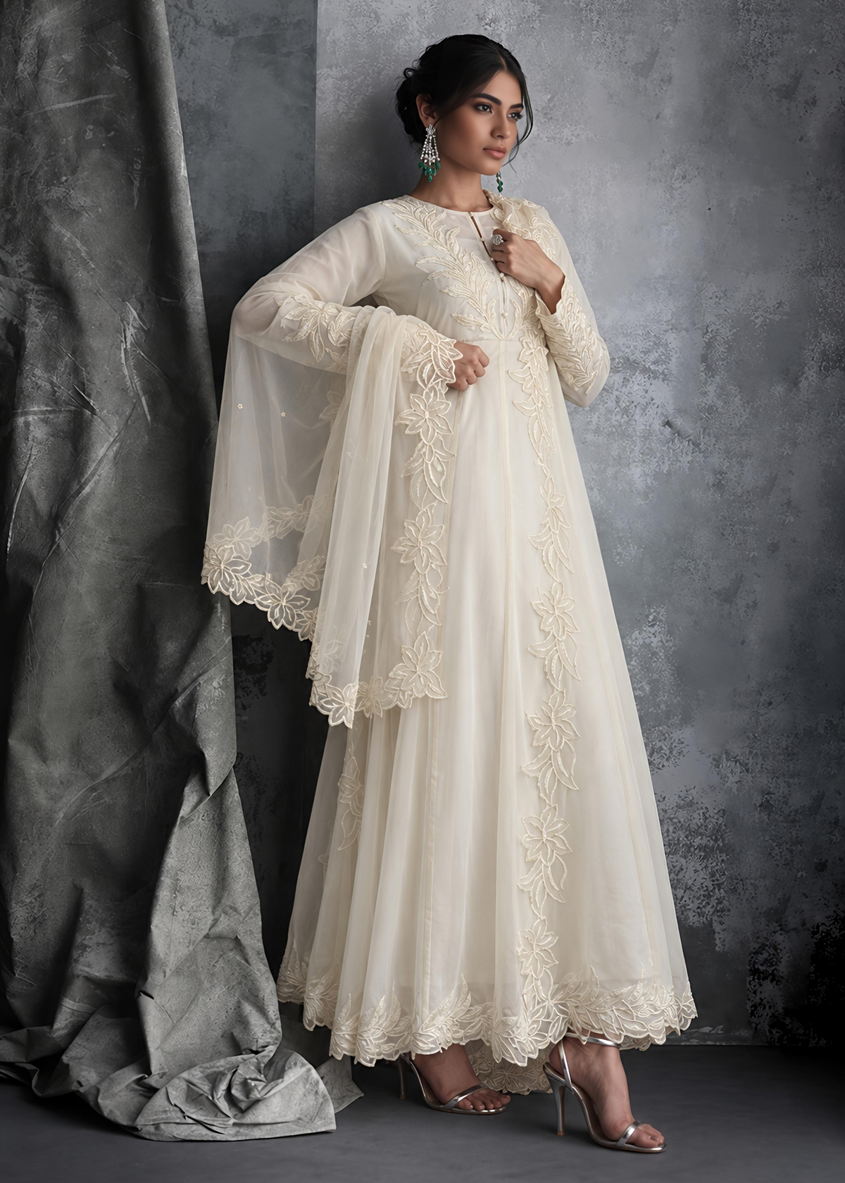 Cream Chiffon Embroidered Maxi Dress for Women Online in Sri Lanka India Australia