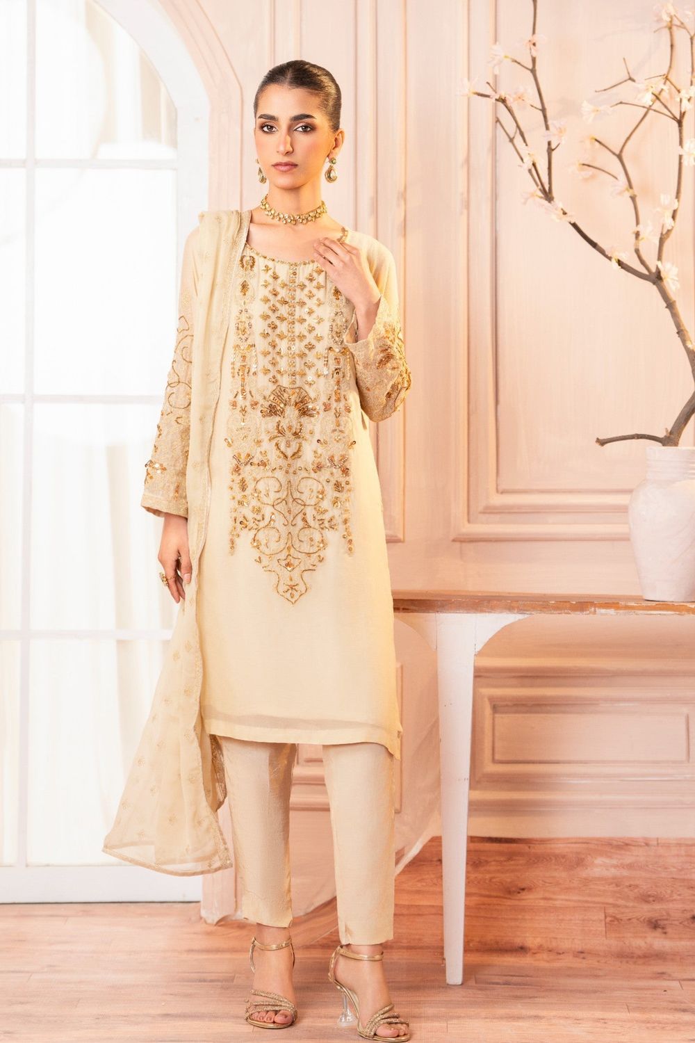 Cream Chiffon Embroidered Partywear Suit Online in Dubai UAE Abudhabi Ajman Sharjah