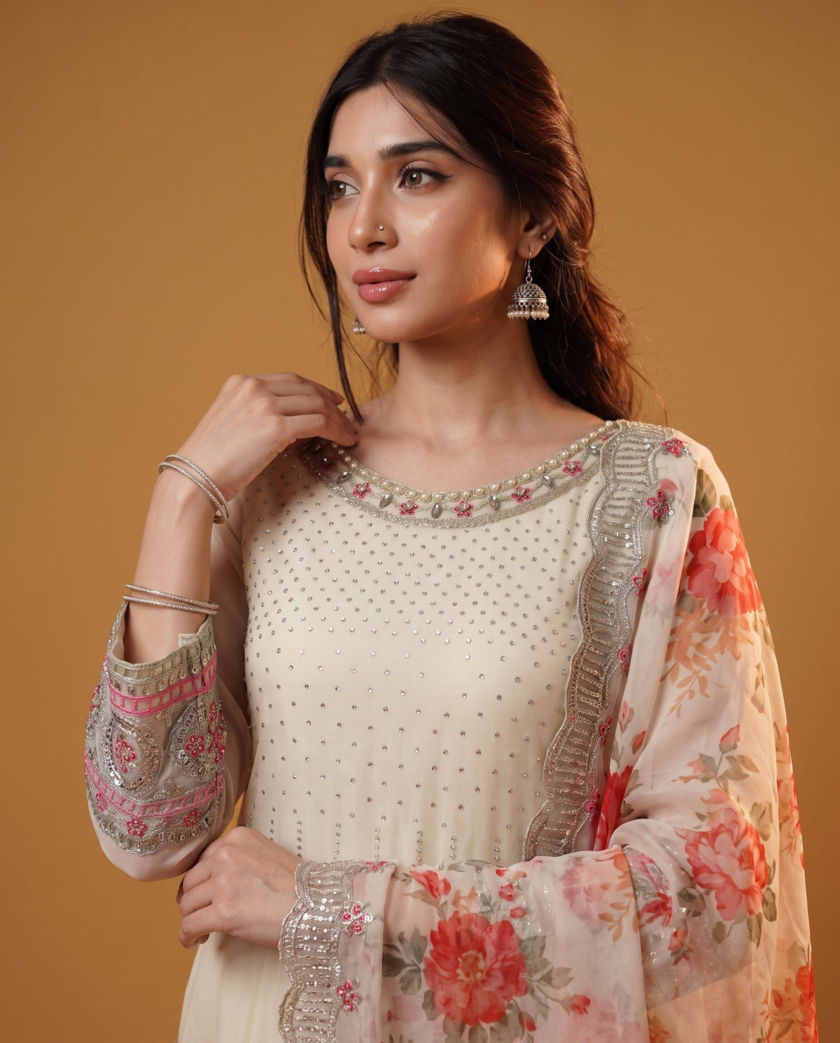 Cream Chiffon Salwar Kameez with Sequence Spray Online in KSA Riyadh Saudi Arabia Oman Bahrain Qatar