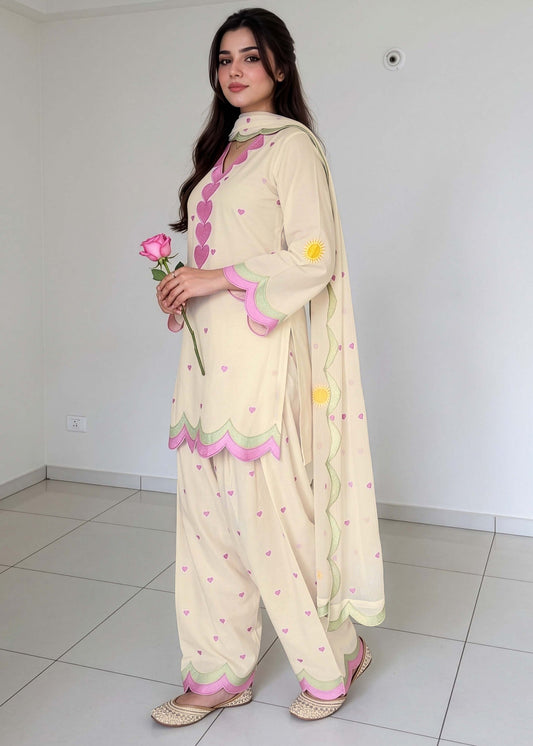Cream Cotton Embroidered Salwar Kameez Online in KSA Riyadh Saudi Arabia Oman Bahrain Qatar