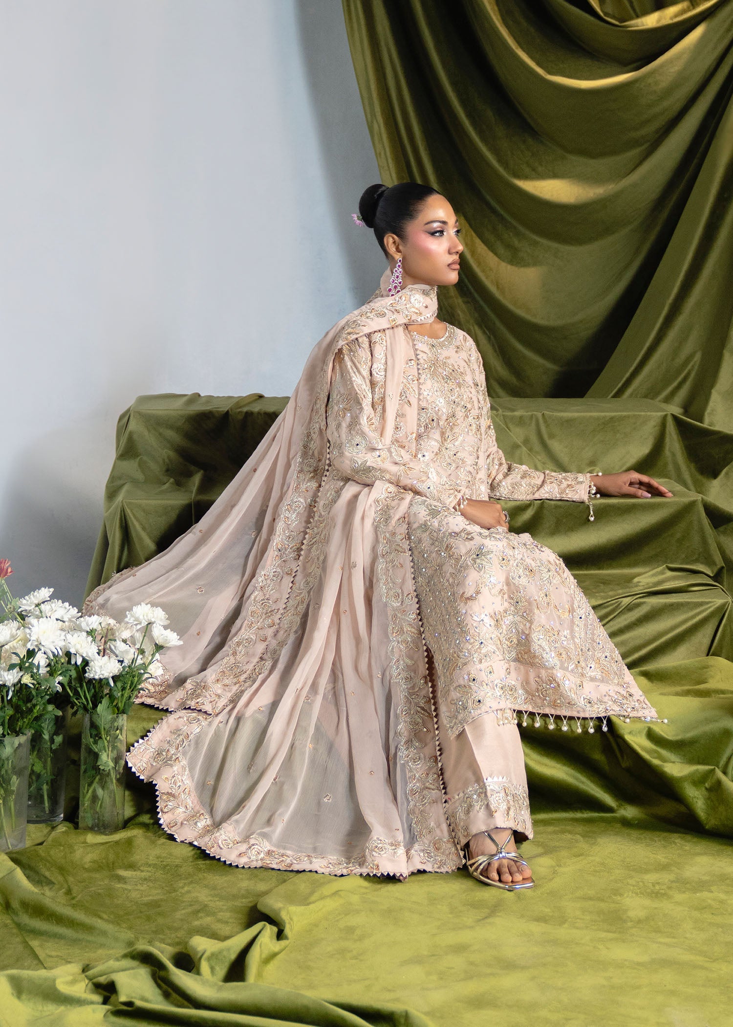 Cream Embellished Charmuse Formal Suit Online in Dubai UAE Abudhabi Ajman Sharjah