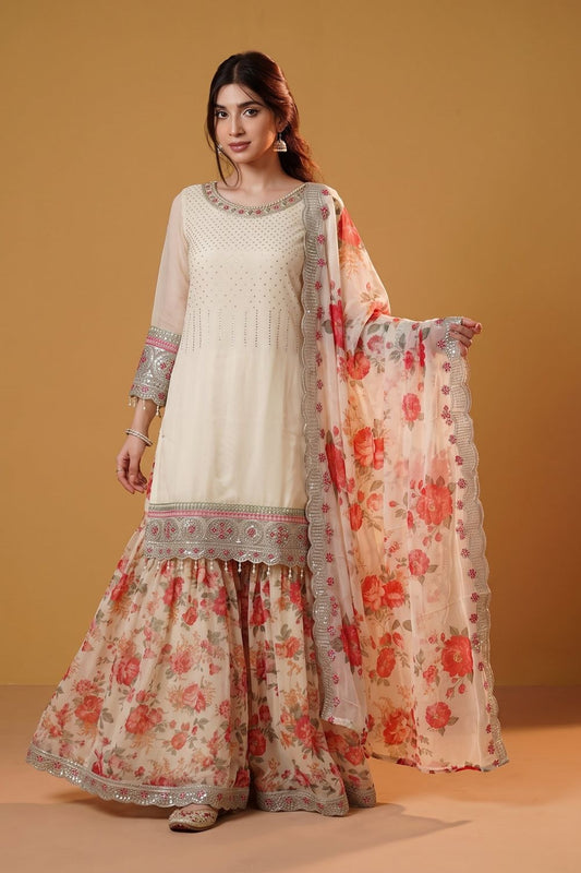 Cream Embellished Chiffon Pakistani Suit Online in Dubai UAE Abudhabi Ajman Sharjah