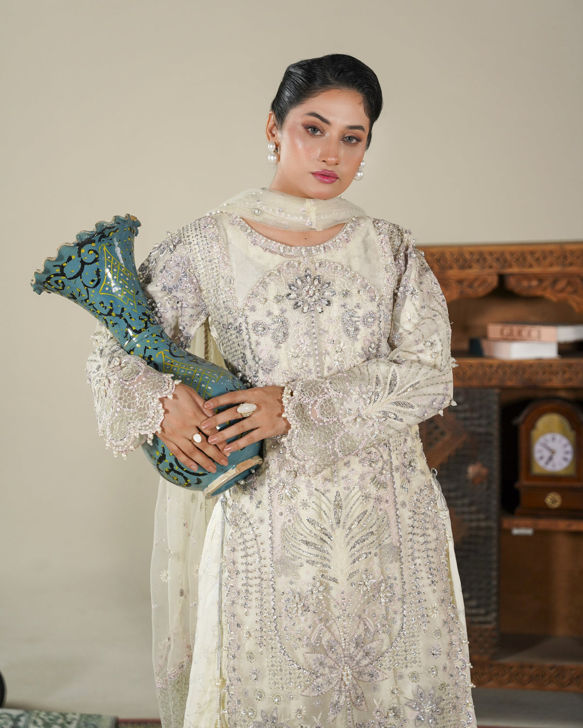 Cream Embellished Organza Readymade Salwar Suit Online in KSA Riyadh Saudi Arabia Oman Bahrain Qatar