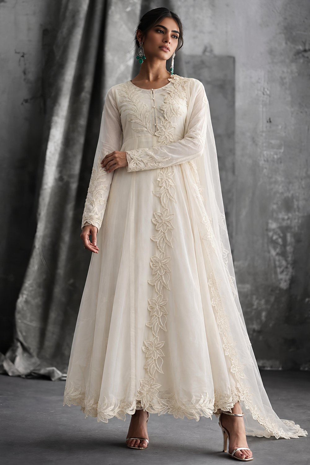 Cream Embroidered Chiffon Maxi Dress Online in Dubai UAE Abudhabi Ajman Sharjah