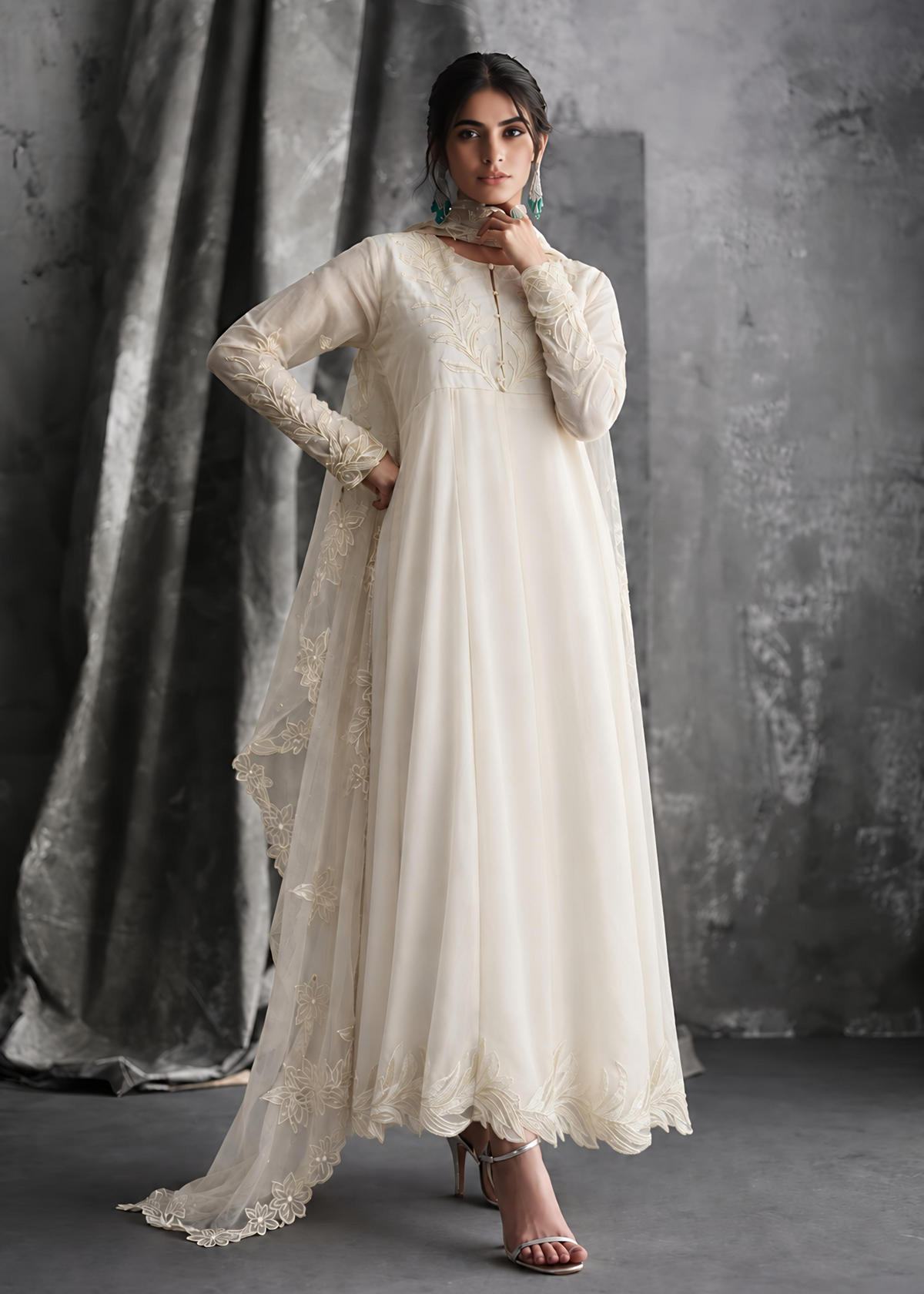 Cream Embroidered Chiffon Maxi Gown Online in Dubai DXB UAE Abudhabi Meena Bazaar