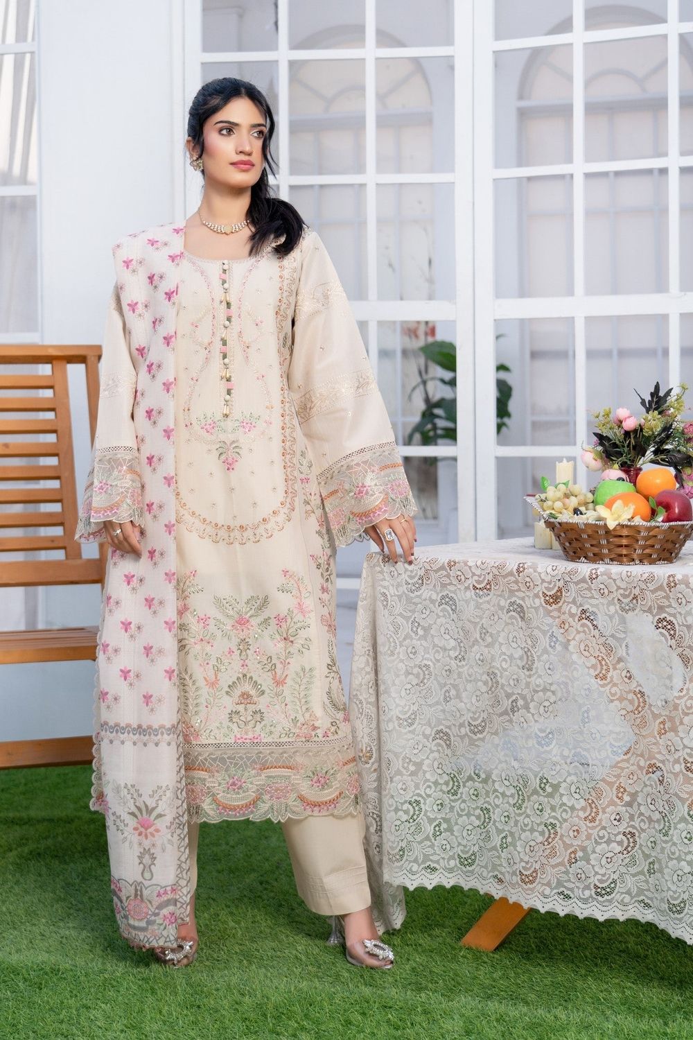 Cream Embroidered Festive Lawn Suit Online in Dubai UAE Abudhabi Ajman Sharjah