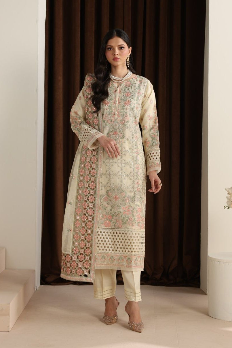 Cream Embroidered Khaddi Net Partywear Suit Online in Dubai UAE Abudhabi Ajman Sharjah
