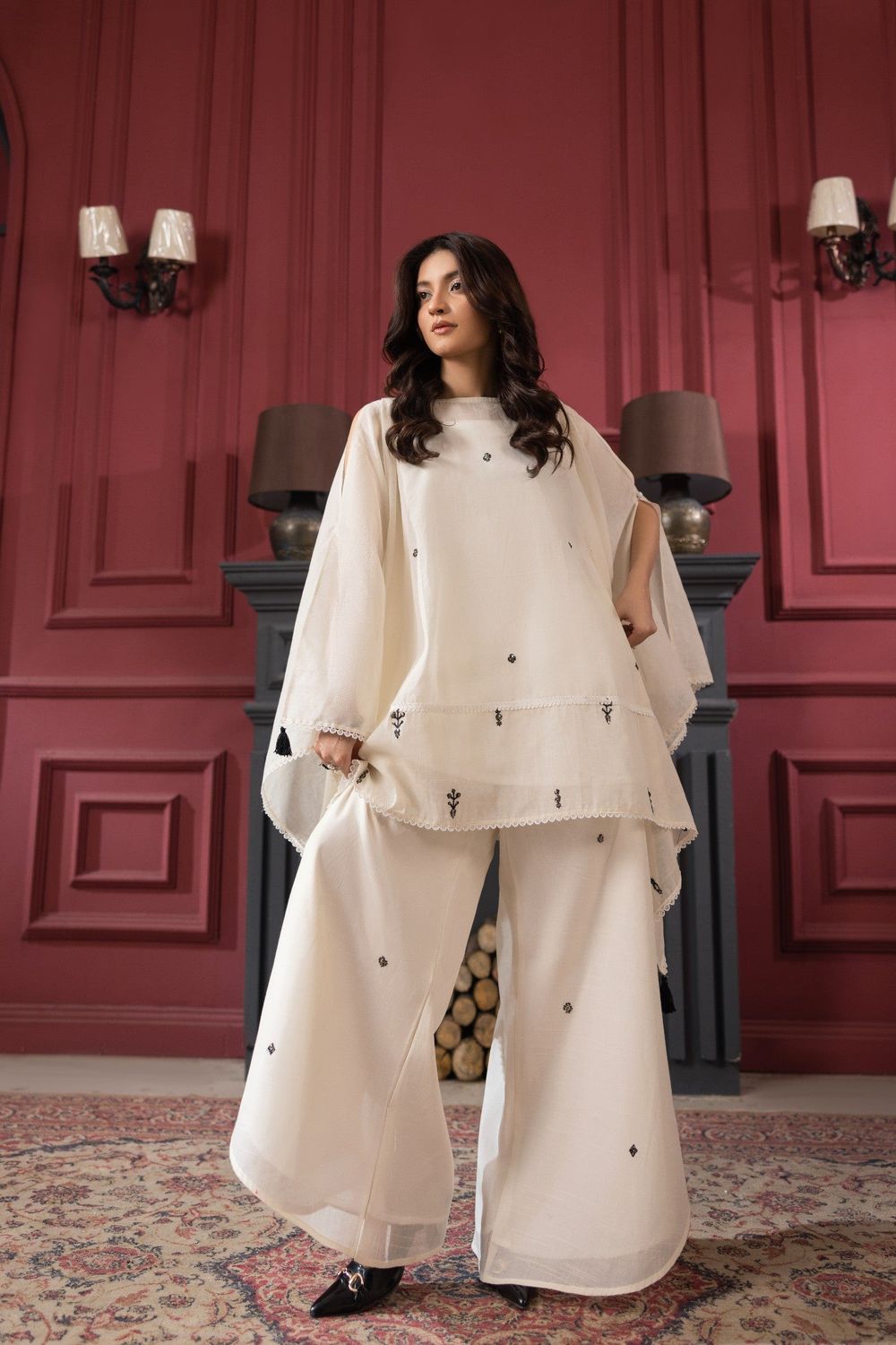 Cream Embroidered Lawn Cotton Cape Kaftan Online in Dubai UAE Abudhabi Ajman Sharjah