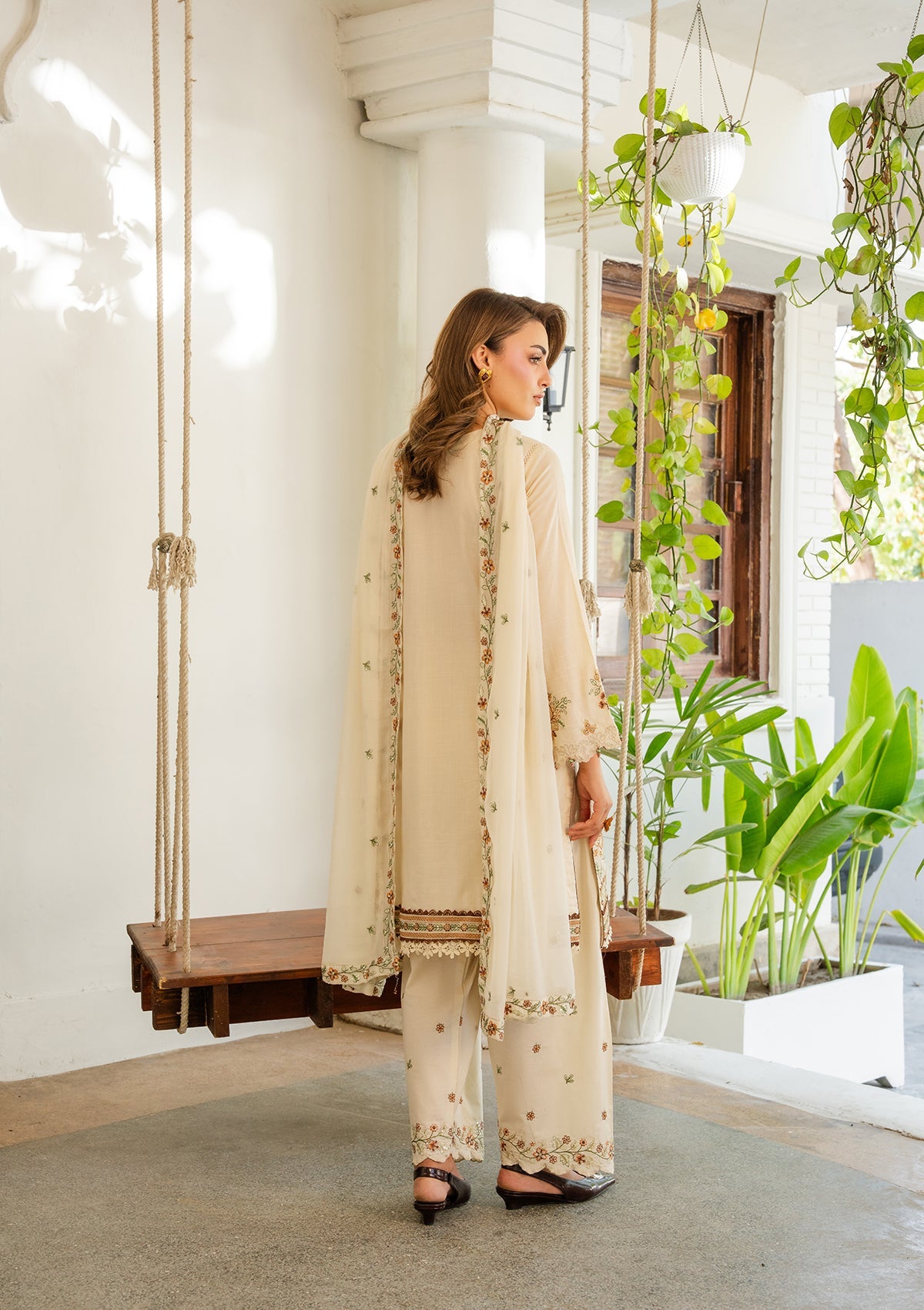 Cream Embroidered Lawn Dress Material Online in Sri Lanka India Australia