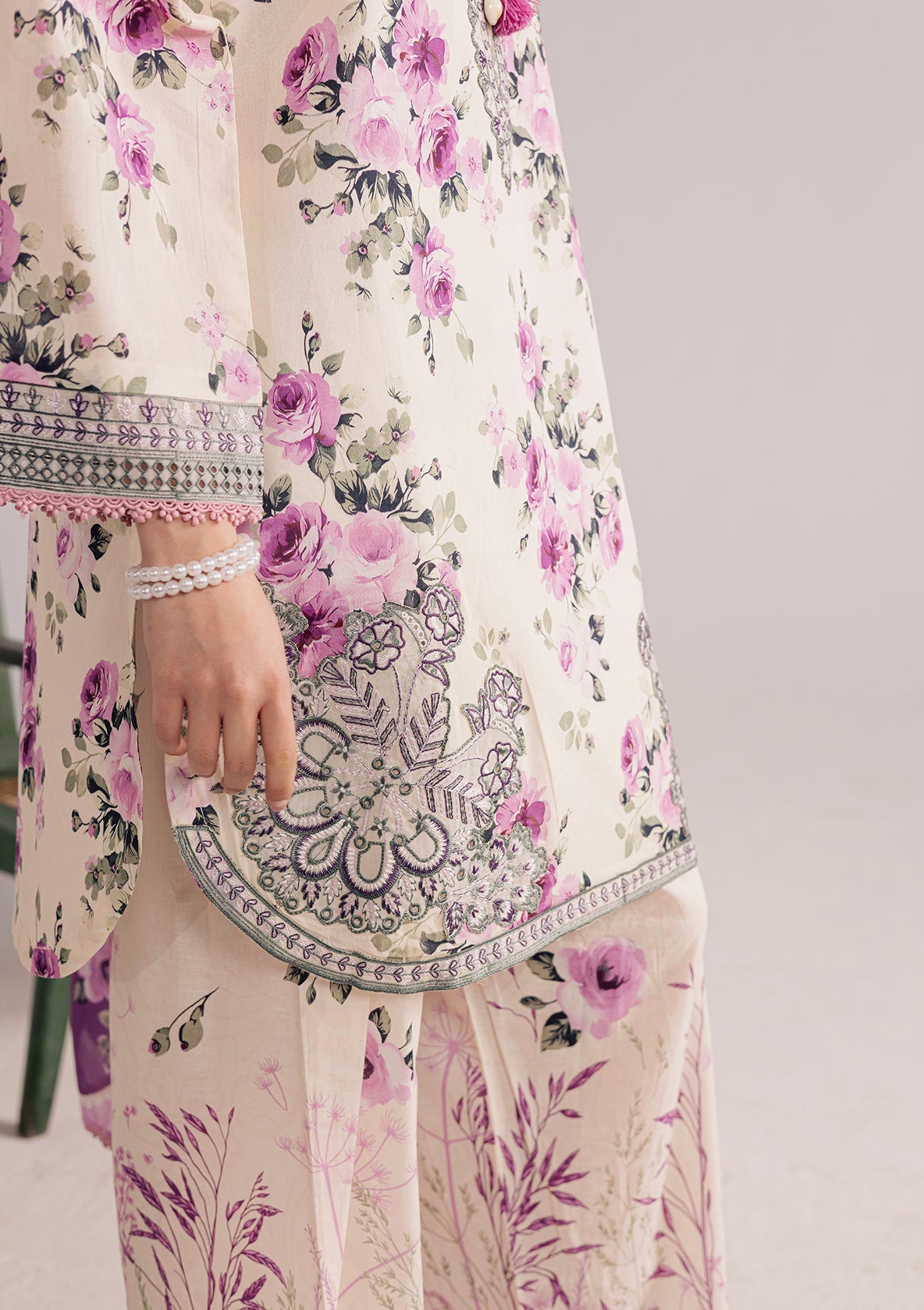 Cream Embroidered Lawn Kurta Pajama Online in UK USA Canada