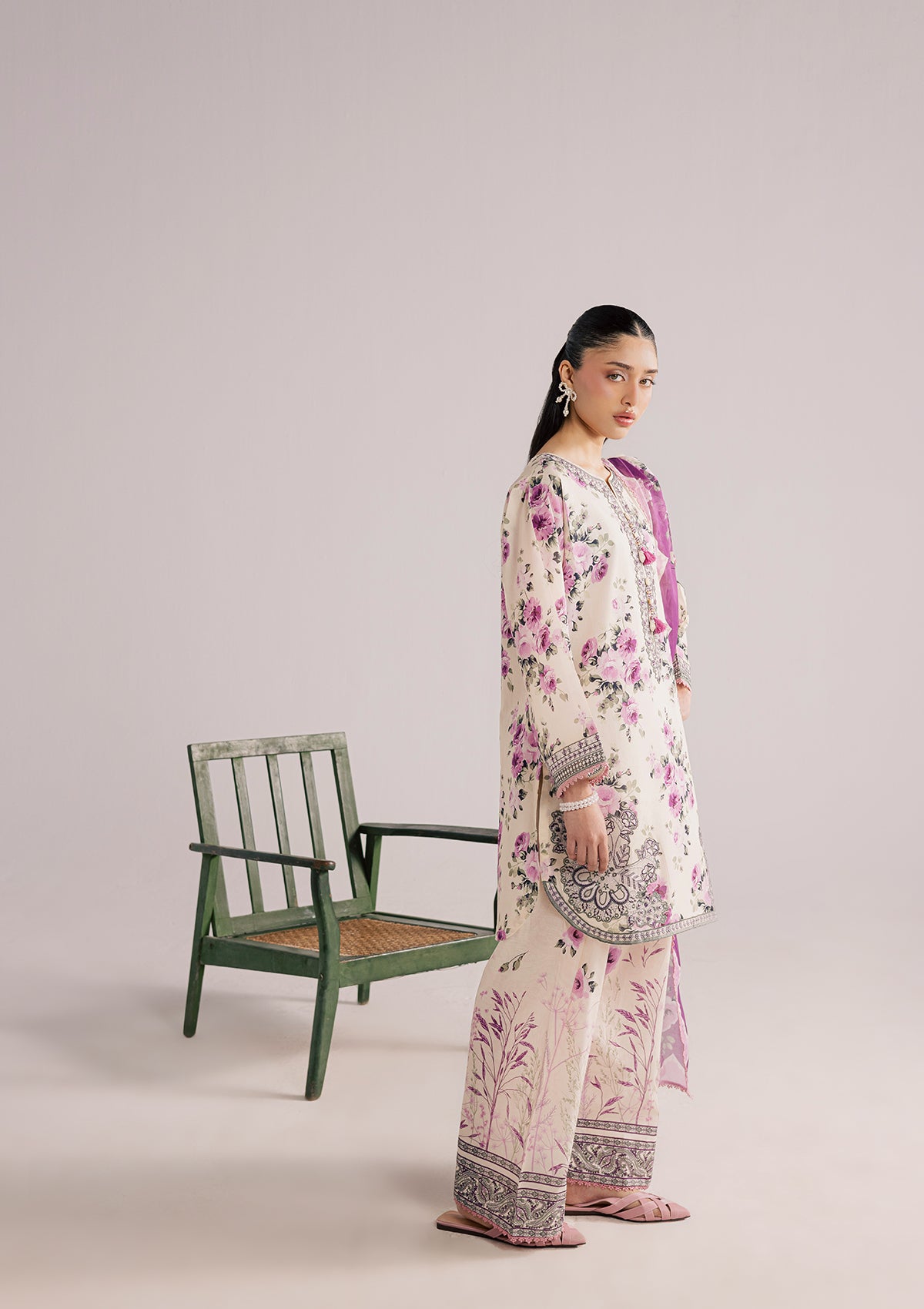 Cream Embroidered Lawn Kurta Set Online in Dubai DXB UAE Abudhabi Meena Bazaar