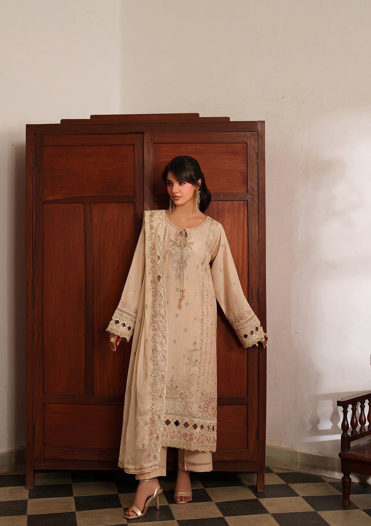 Cream Embroidered Lawn Partywear Outfit Online in Dubai DXB UAE Abudhabi Meena Bazaar
