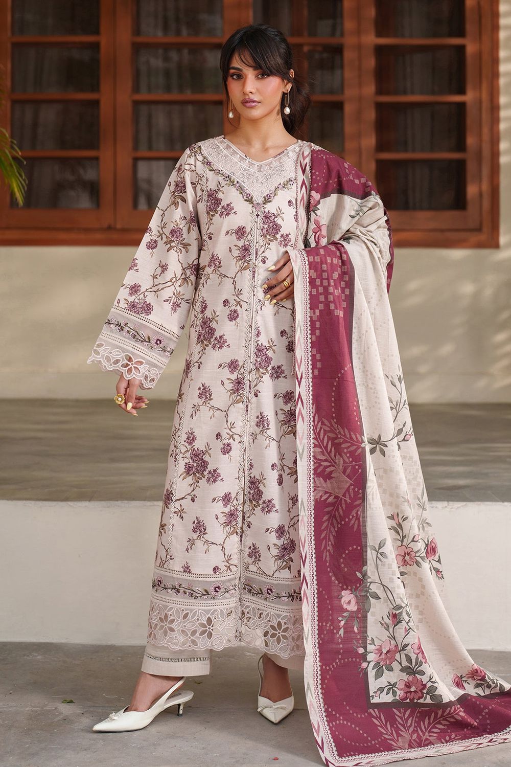 Cream Embroidered Lawn Salwar Suit Online in Dubai UAE Abudhabi Ajman Sharjah
