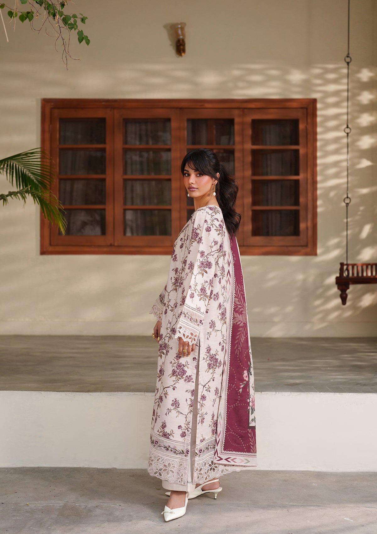 Cream Embroidered Lawn Stitched Suit Online in Dubai DXB UAE Abudhabi Meena Bazaar