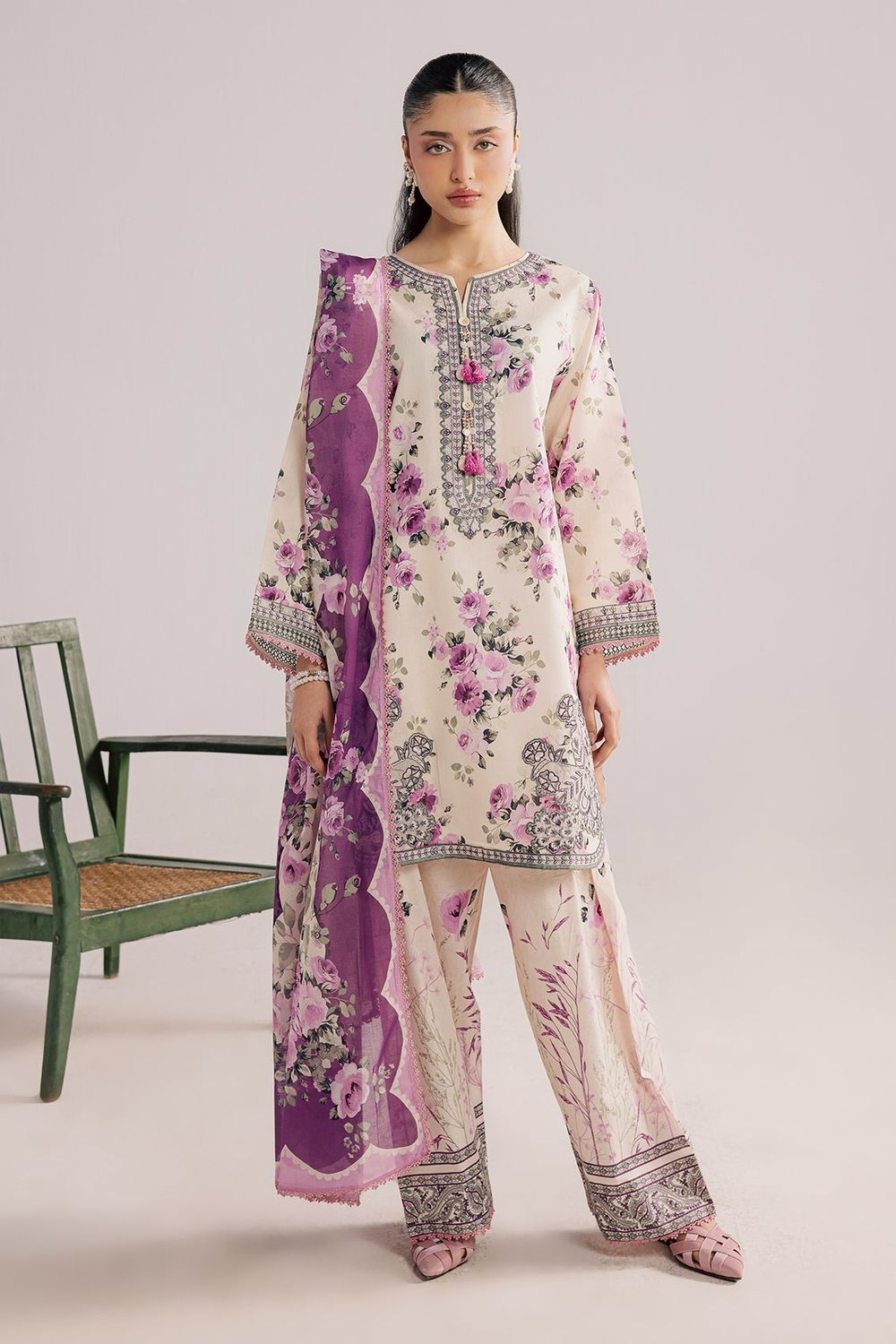 Cream Embroidered Lawn Straight Kurta Suit Online in Dubai UAE Abudhabi Ajman Sharjah