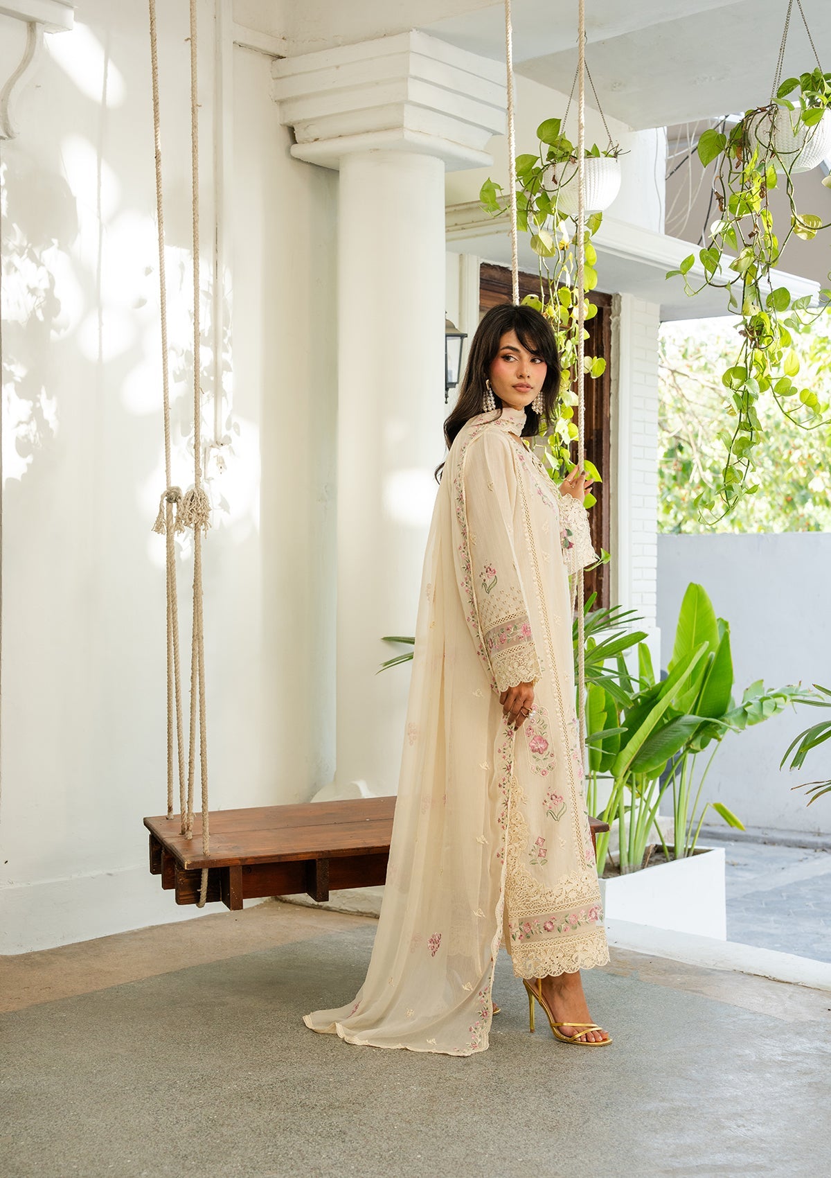 Cream Embroidered Lawn Suit for Summer Online in Sri Lanka India Australia