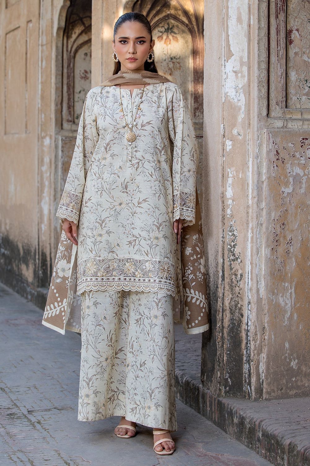 Cream Embroidered Lawn Suit Online in Dubai UAE Abudhabi Ajman Sharjah