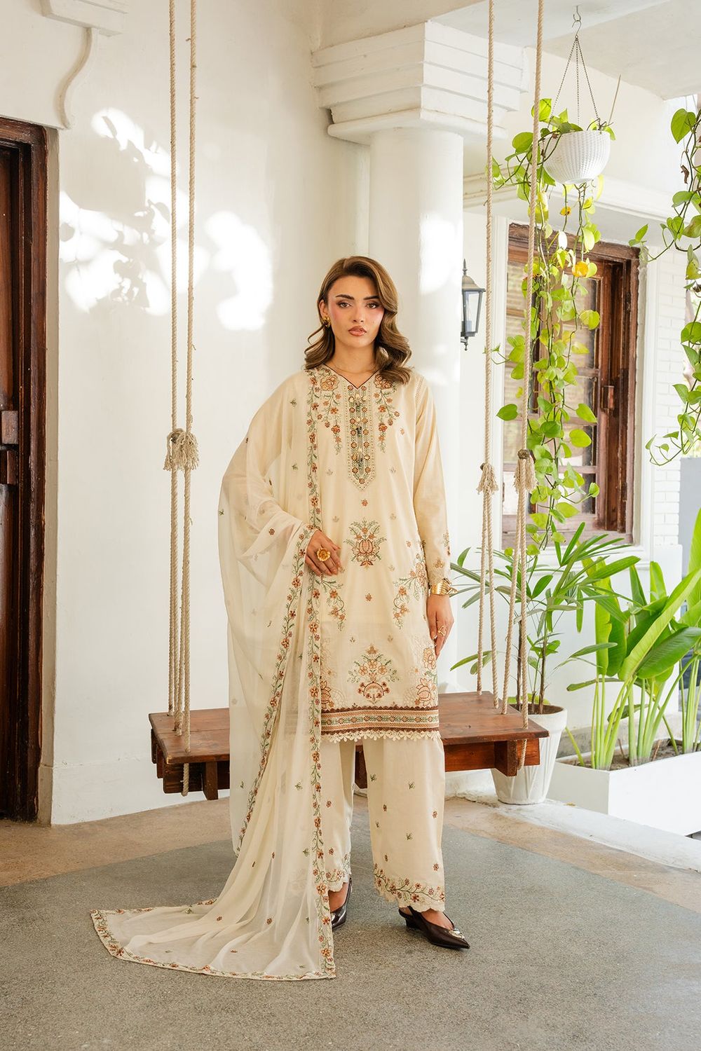 Cream Embroidered Lawn Suit Online in Dubai UAE Abudhabi Ajman Sharjah
