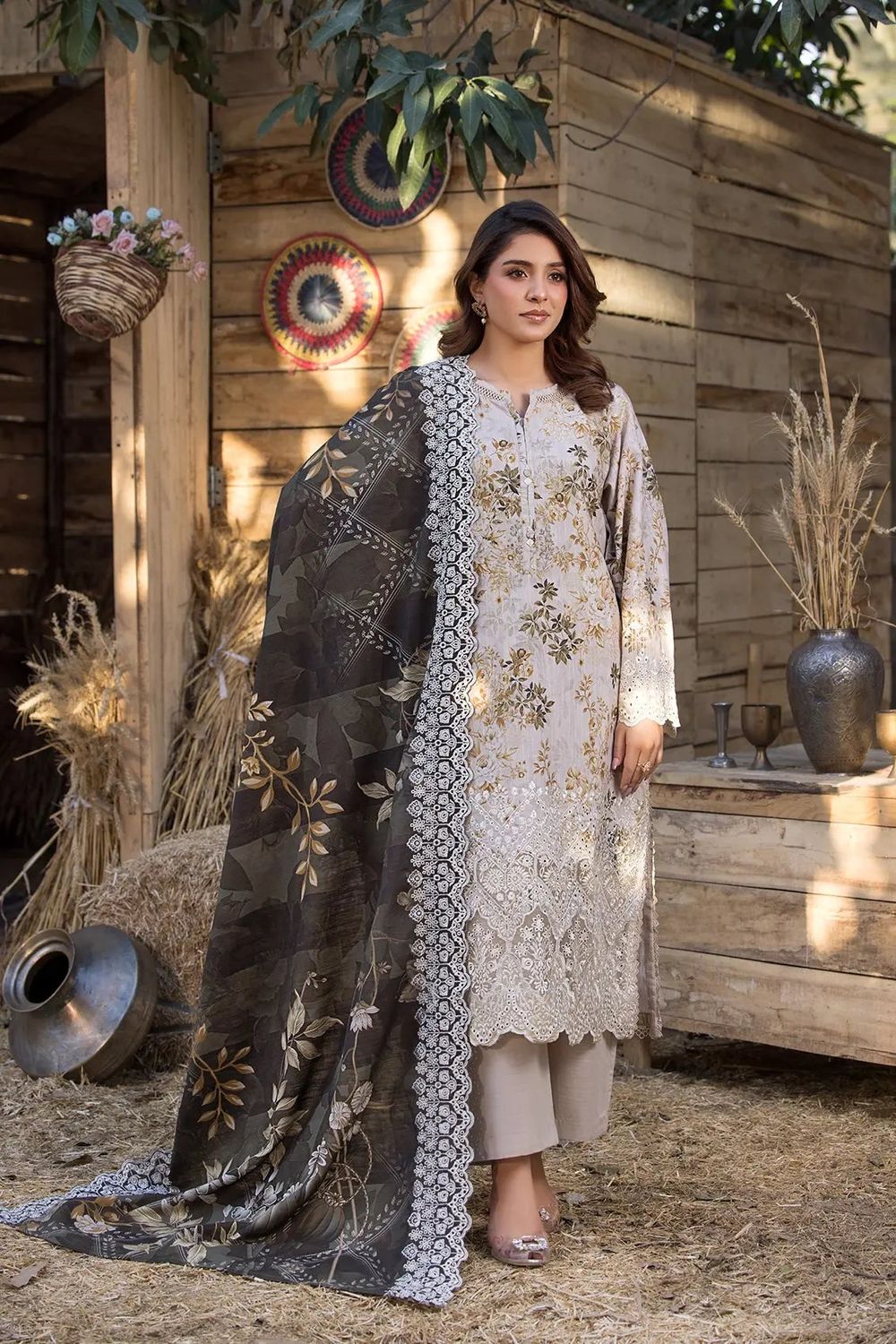 Cream Embroidered Lawn Suit Online in Dubai UAE Abudhabi Ajman Sharjah