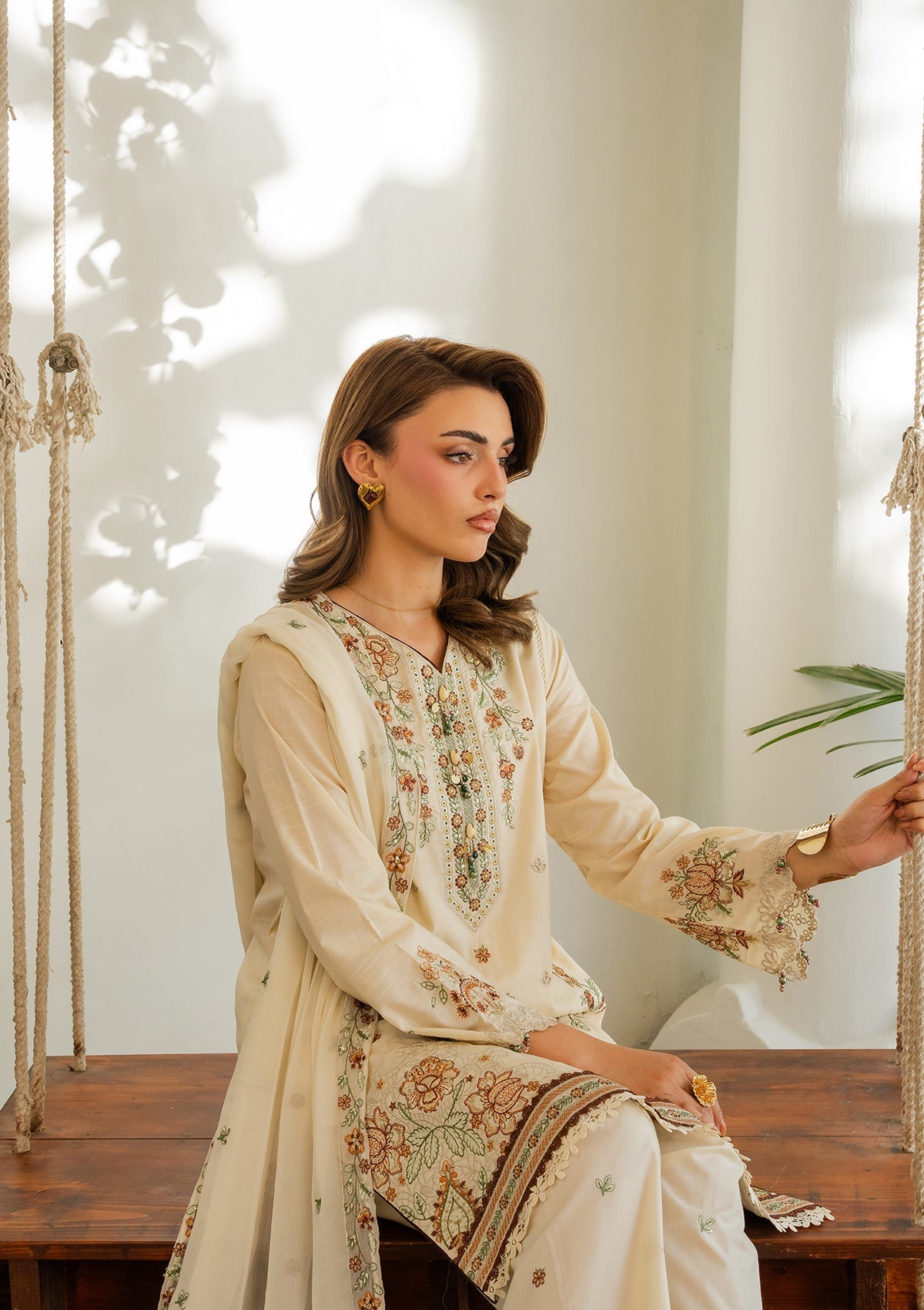 Cream Embroidered Lawn Suit Online in Dubai UAE Abudhabi Ajman Sharjah
