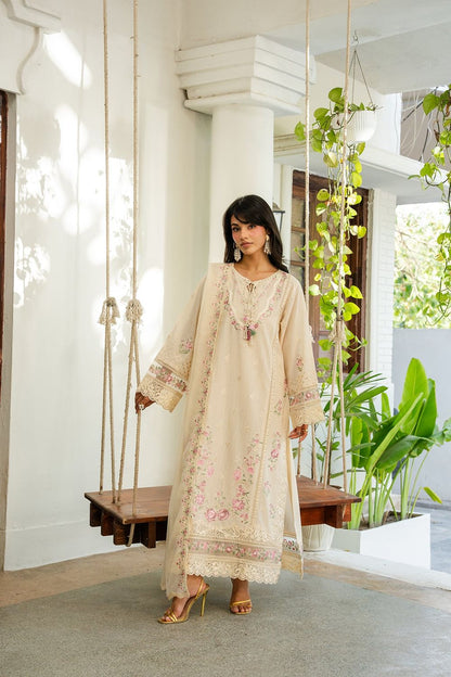 Cream Embroidered Lawn Suit with Chiffon Dupatta Online in Dubai UAE Abudhabi Ajman Sharjah