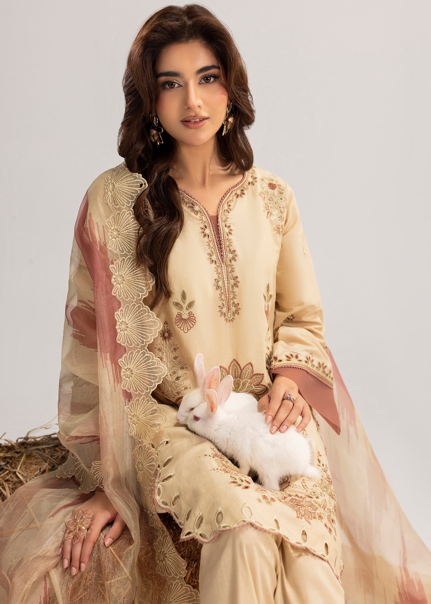 Cream Embroidered Lawn Suit with Dupatta Online in Dubai UAE Abudhabi Ajman Sharjah