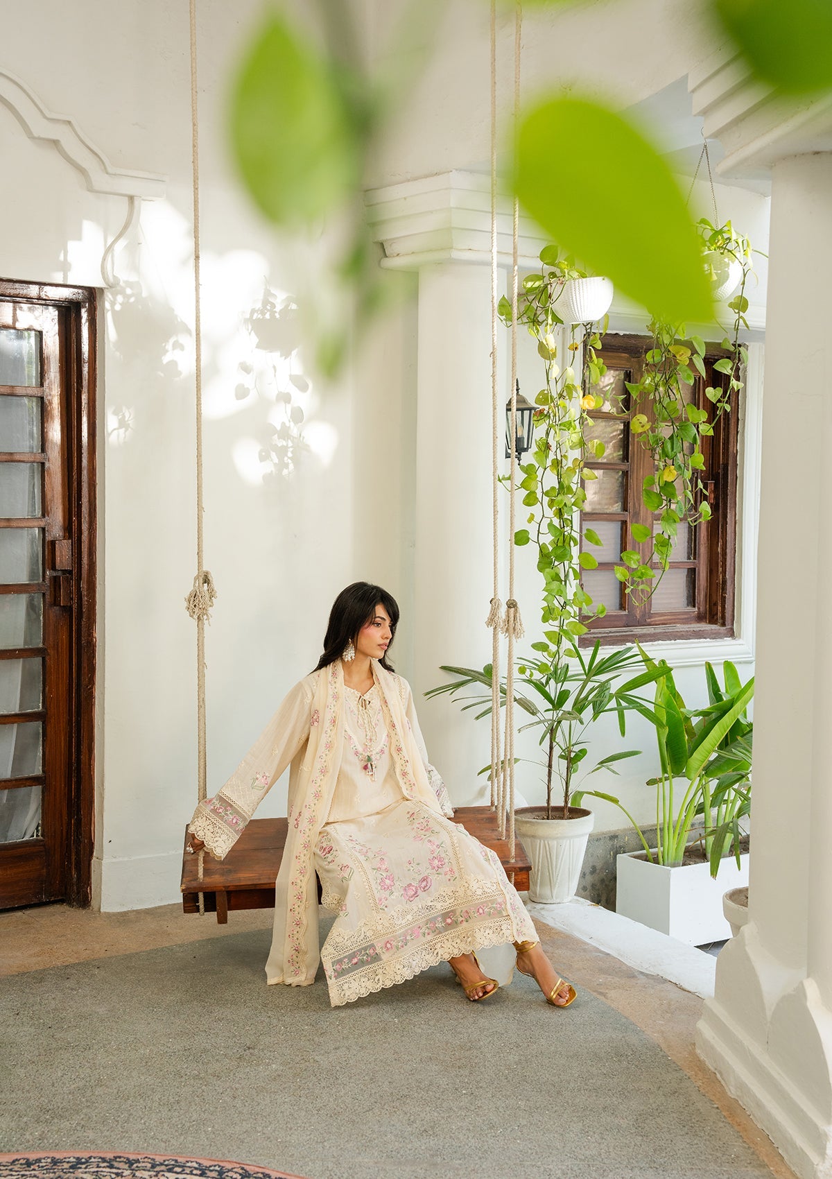 Cream Embroidered Lawn Suit with Lace Accents Online in UK USA Canada