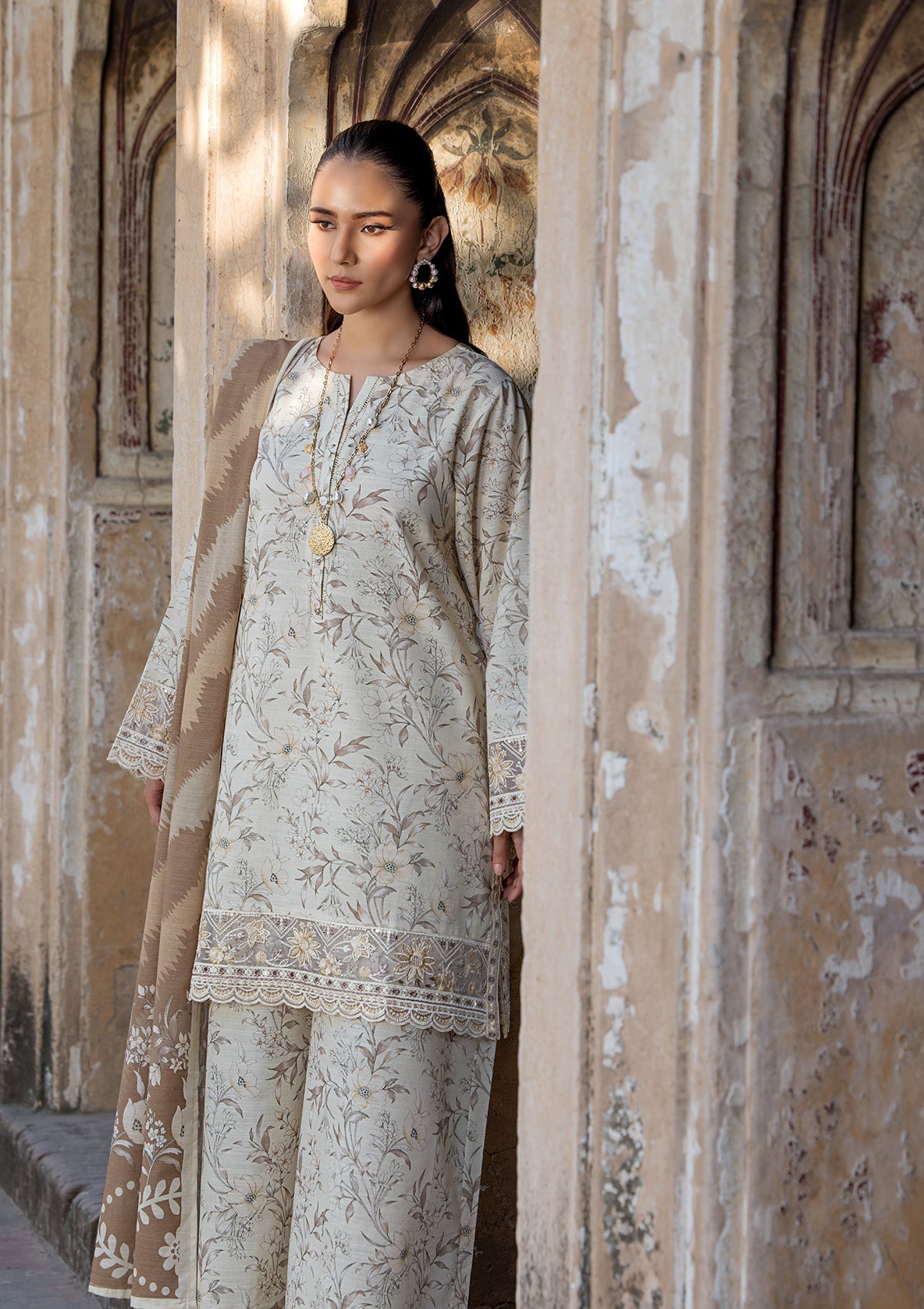 Cream Embroidered Lawn Three Piece Suit Online in Sri Lanka India Australia