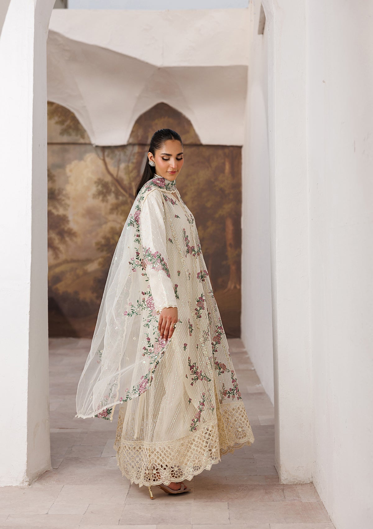 Cream Embroidered Net Dupatta Raw Silk Suit Online in Sri Lanka India Australia