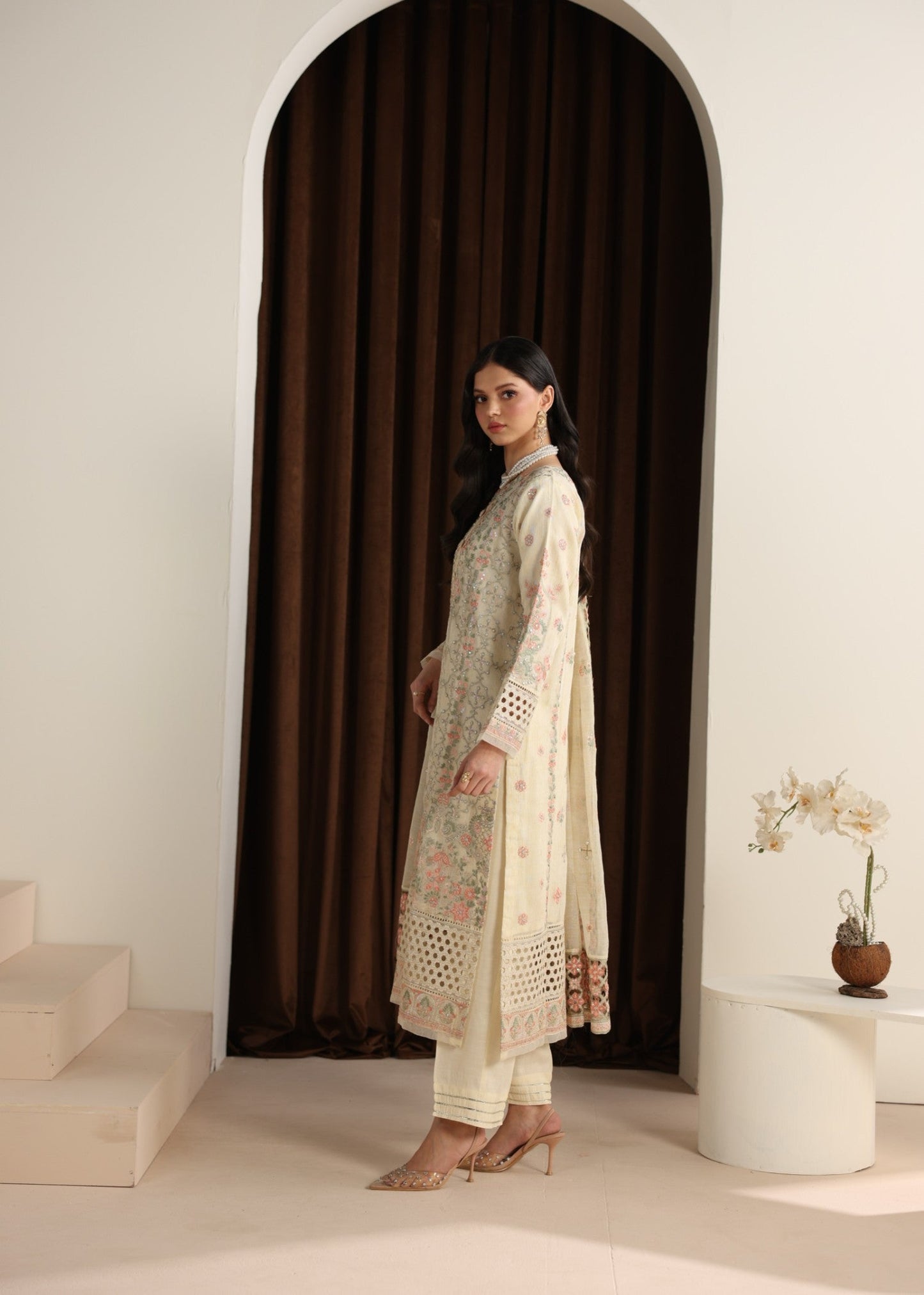 Cream Embroidered Net Festive Wear Suit Online in UK USA Canada